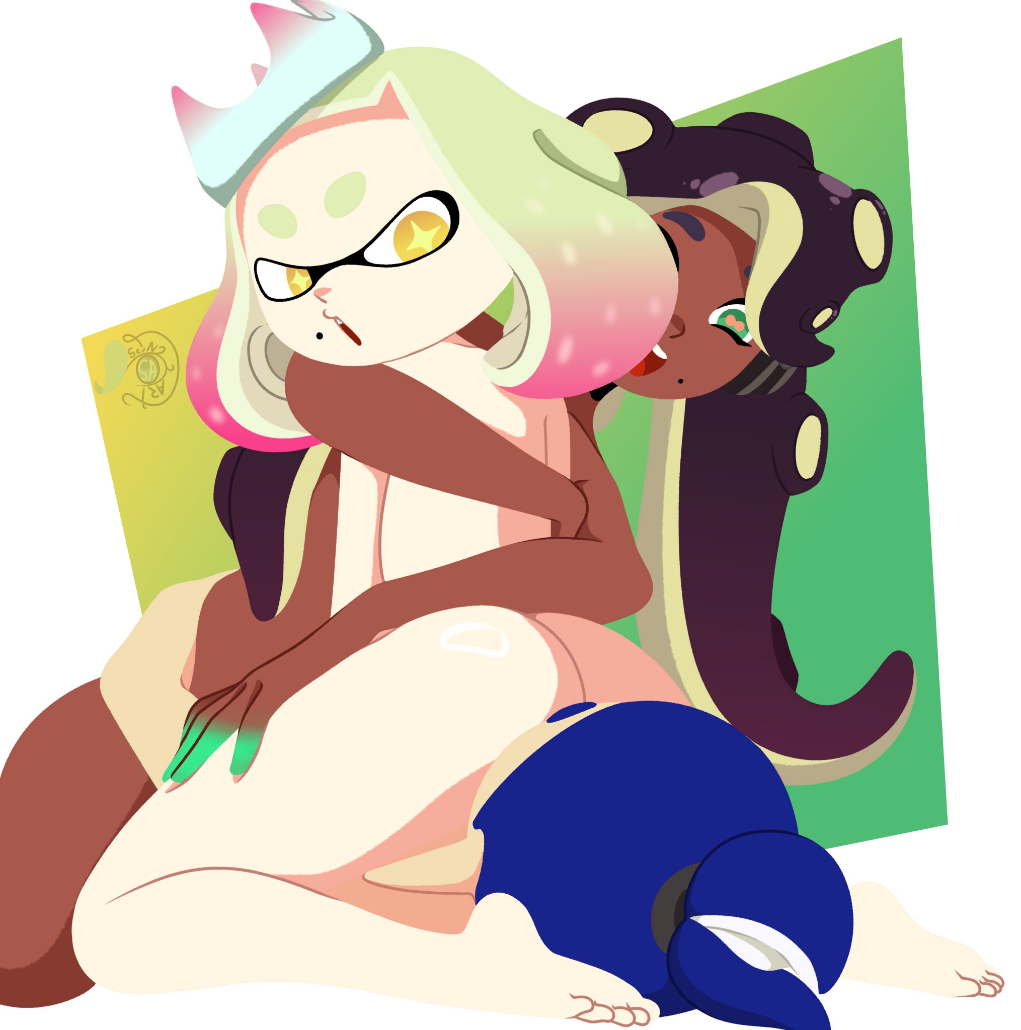 1boy, 2girls, ass, blue hair, cephalopod, cephalopod humanoid, chocolate and vanilla, completely nude, completely nude female, crown, dark skin, dark-skinned female, facesitting, female, ffm threesome, gradient hair, hugging, hugging partner, humanoid, humanoid female, inkling, inkling boy, john (splatoon), lesbian conversion, lesbian to straight, lesbian with male, light skin, light-skinned female, light-skinned male, male, marina (splatoon), nintendo, nude, octoling girl, off the hook (splatoon), pearl (splatoon), pseudo hair, scynart, sex, splatoon, splatoon 2, straight, tentacle hair, threesome, twitter link