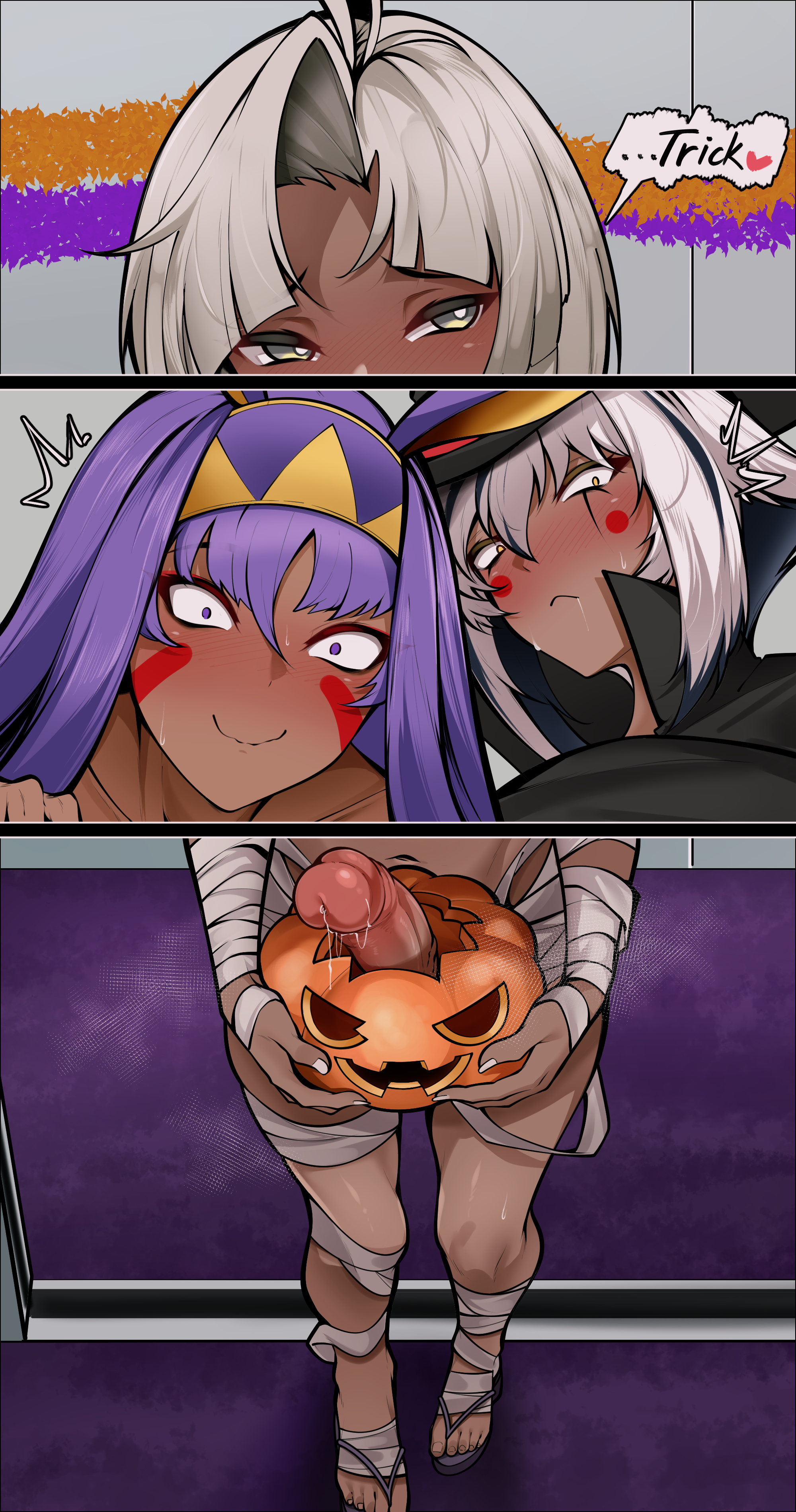 1boy, 2girls, anubis, blush, costume, dark skin, dark-skinned female, dark-skinned femboy, dark-skinned male, dark-skinned sissy, dark-skinned twink, drooling, dual persona, exposed penis, fate (series), fate/grand order, female, femboy, girly, halloween, horny female, huge cock, hung trap, imminent sex, looking at viewer, male, mostly nude, mummy costume, mummy wrappings, nitocris (fate/grand order), nitocris alter (fate), owner (artist), penis, penis awe, possessed, possession, precum, pumpkin, slender body, sweat, sweatdrop, trick or treat, tutankhamun (fate)