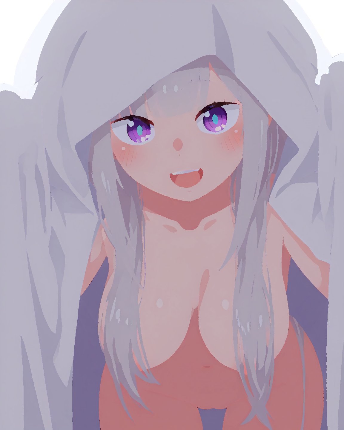 :d, ai assisted, ai generated, blanket, blunt bangs, blush, breasts, collarbone, completely nude, convenient censoring, cowboy shot, emilia (re:zero), female, ghost costume, hair censor, hair over breasts, hanging breasts, large breasts, leaning forward, long hair, looking at viewer, naked sheet, navel, nude, open mouth, pointy ears, purple eyes, pussy, rawr69, re:zero kara hajimeru isekai seikatsu, sidelocks, simple background, smile, solo, teeth, thigh gap, under covers, upper teeth only, white background, white cloak