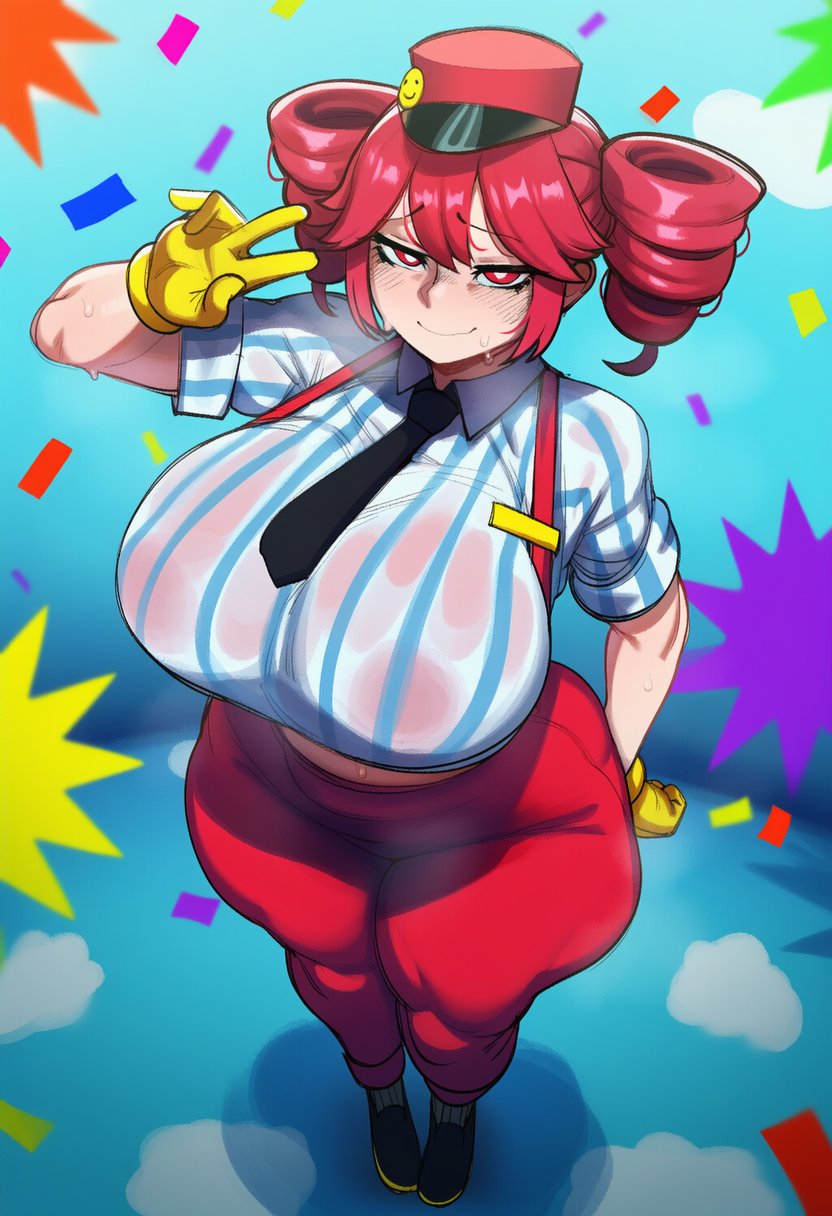 1girls, ai generated, belly, big breasts, big thighs, blouse, breasts, clothed, clothed female, clothing, curvaceous, curvy, curvy female, curvy figure, eyelashes, fat ass, fat breasts, fat thighs, female, female only, fully clothed, gigantic breasts, gigantic thighs, gloves, gunlimaker, hand on hip, hat, high-angle view, hips wider than shoulders, hourglass figure, huge breasts, huge thighs, kasane teto, kasane teto (sv), large breasts, large thighs, looking at viewer, massive breasts, massive thighs, mesmerizer (vocaloid), mesmerizer teto, mv character, necktie, pants, peace sign, plump, plump breasts, plump thighs, seductive, seductive look, see-through, see-through clothing, see-through shirt, shirt, shoes, skin tight, smile, solo, solo female, standing, striped shirt, suspenders, sweat, sweating, synthesizer v, thick thighs, thighs, tight clothing, tight pants, tight shirt, top heavy, utau, venus body, voluptuous, voluptuous female, wet, wet body, wet clothes, wide hips