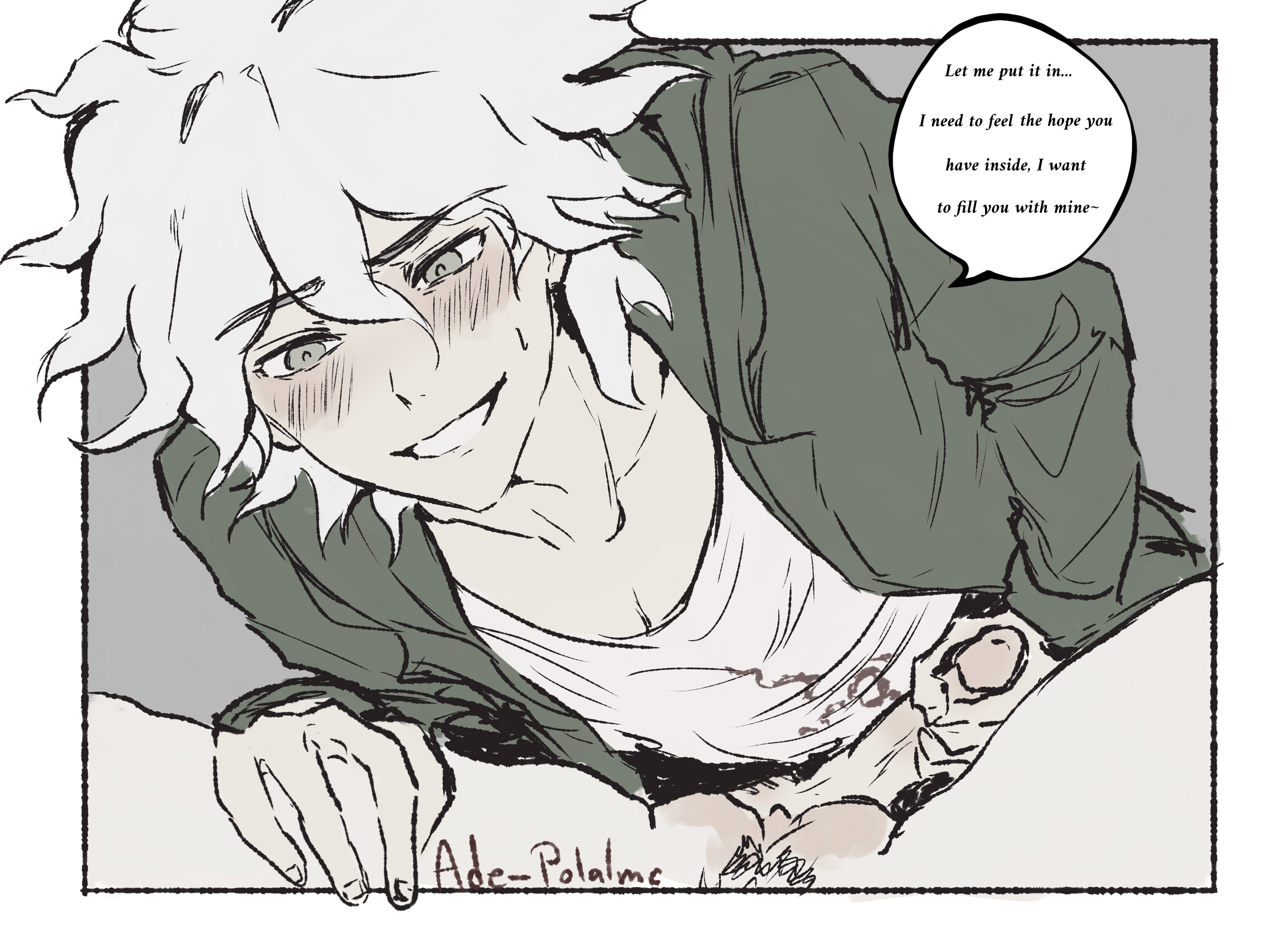 confident, danganronpa, danganronpa 2: goodbye despair, desperation, drfav, female, holding penis, komaeda nagito, looking at viewer, male, nagito komaeda, open legs, penis, pleading, pussy, sex, smirk