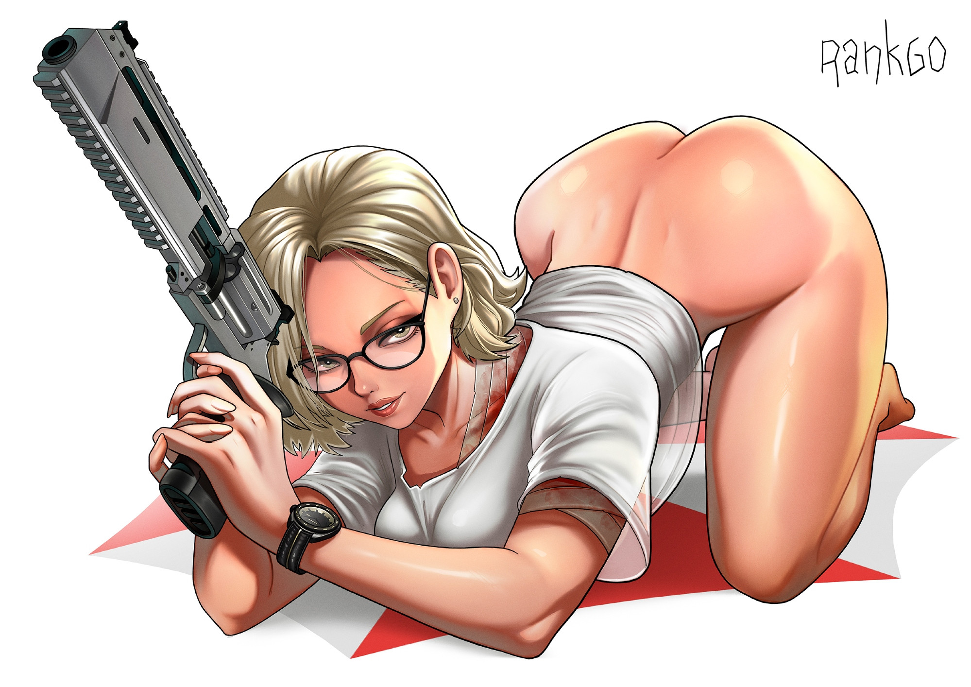 2d, ass, blonde hair, blue eyes, bottomless, bubble butt, female, female focus, female only, glasses, grace ashcroft, gun, hourglass figure, rankgo, requiem (gun), resident evil, resident evil 9: requiem, revolver, t-shirt, tagme, wide hips