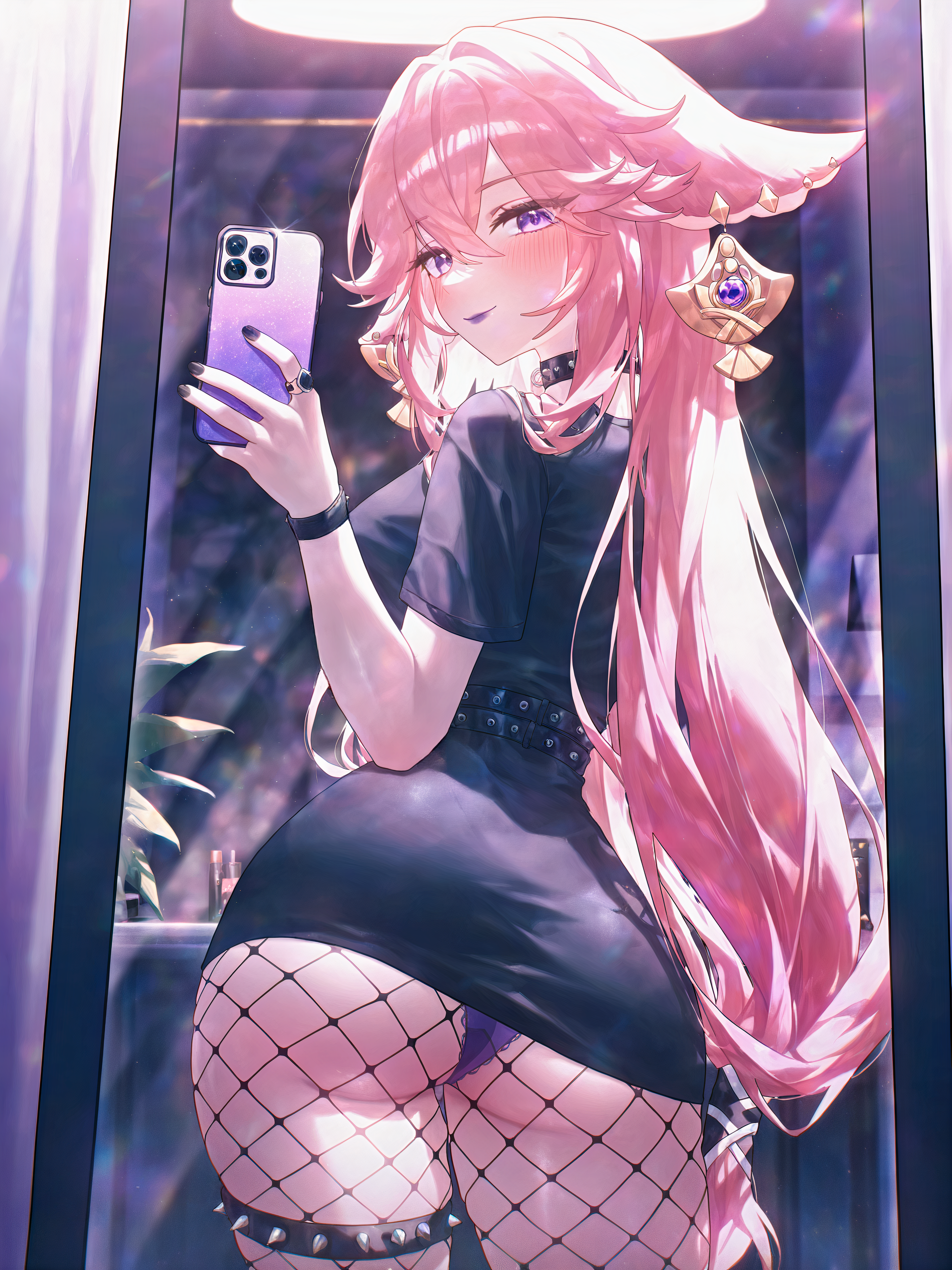 :p, 1girls, ai generated, alternate costume, animal ears, ass, ass focus, back, belt, belt collar, big ass, black belt, black choker, black collar, black dress, black nails, black shirt, black skirt, black wristband, blush, bracelet, breasts, casual, cellphone, choker, closed mouth, collar, colored skin, contemporary, cosmetics, cowboy shot, crossed bangs, curtains, dress, ear piercing, earrings, female, female only, fingernails, fishnet pantyhose, fishnets, floppy ears, fox ears, fox girl, from behind, genshin impact, glint, goth fashion, hair between eyes, hair ornament, hand up, holding, holding phone, huge ass, indoors, jewelry, large breasts, light-skinned female, lips, long hair, looking at mirror, looking at viewer, looking back, low-tied long hair, makeup, medium breasts, miniskirt, ministro, mirror, multiple rings, nail polish, pale skin, panties, panties over pantyhose, panties under pantyhose, pantyhose, pantylines, pantyshot, parted lips, pencil skirt, phone, piercing, pink eyes, pink hair, pink panties, plant, potted plant, purple eyes, purple hair, purple nails, purple panties, red eyes, red panties, reflection, ring, self upload, selfie, shirt, short dress, short sleeves, sidelocks, skindentation, skirt, smartphone, smile, solo, spiked bracelet, spiked collar, spikes, standing, studded collar, t-shirt, thick thighs, thigh strap, thighs, tongue, tongue out, underbutt, underwear, upskirt, very long hair, vision (genshin impact), wristbands, yae miko
