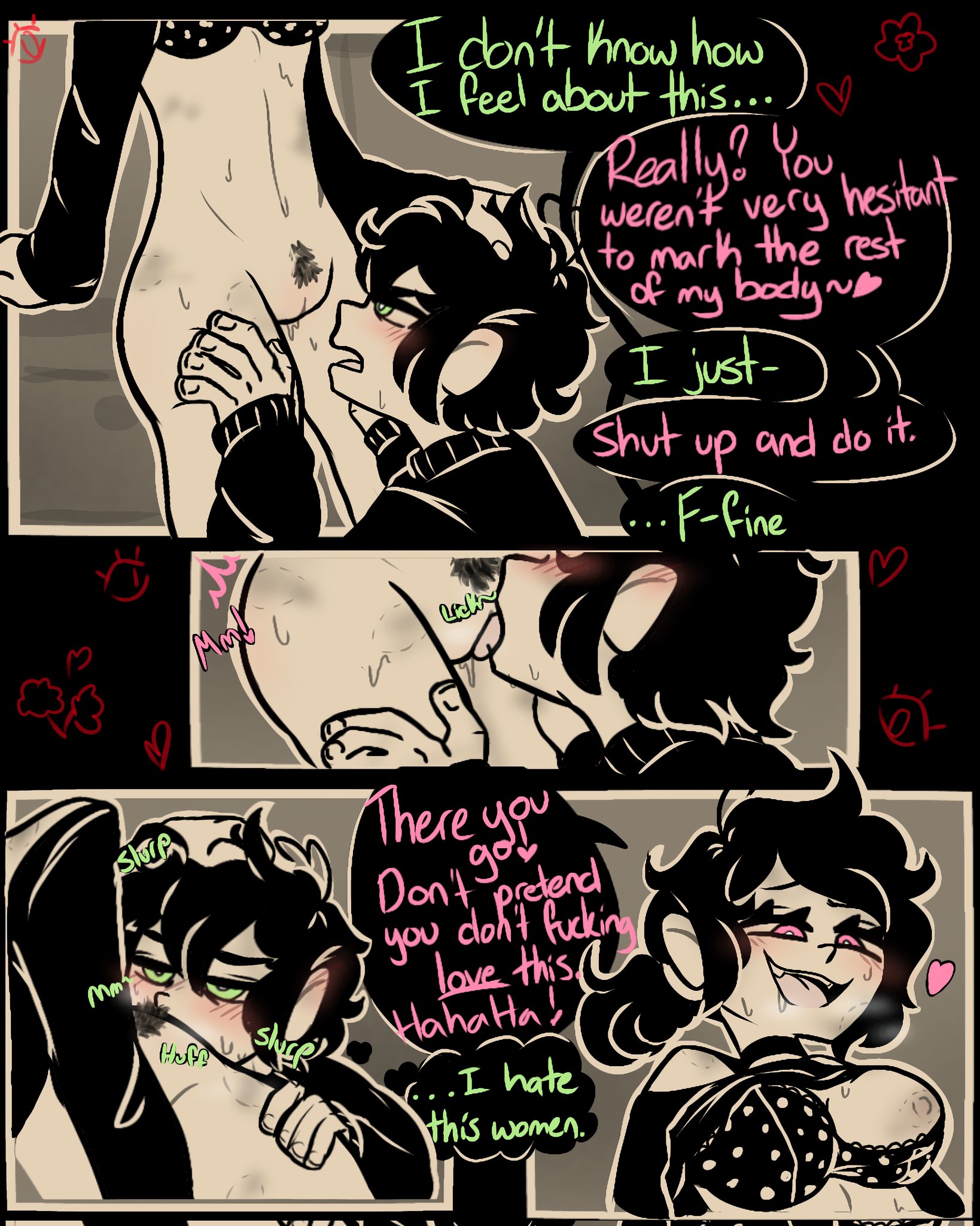 1boy, 1girls, 2025, andrew graves, ashley graves, bite mark, black hair, blush, bra, breasts, brother and sister, choker, cunnilingus, english text, female, femdom, grabbing hair, green eyes, head grab, head pat, heart, highres, incest, large breasts, light skin, light-skinned female, limited palette, lust coffin, male, malesub, nipples, pink eyes, ponytail, pubic hair, pussy, pussy juice, speech bubble, text, the coffin of andy and leyley