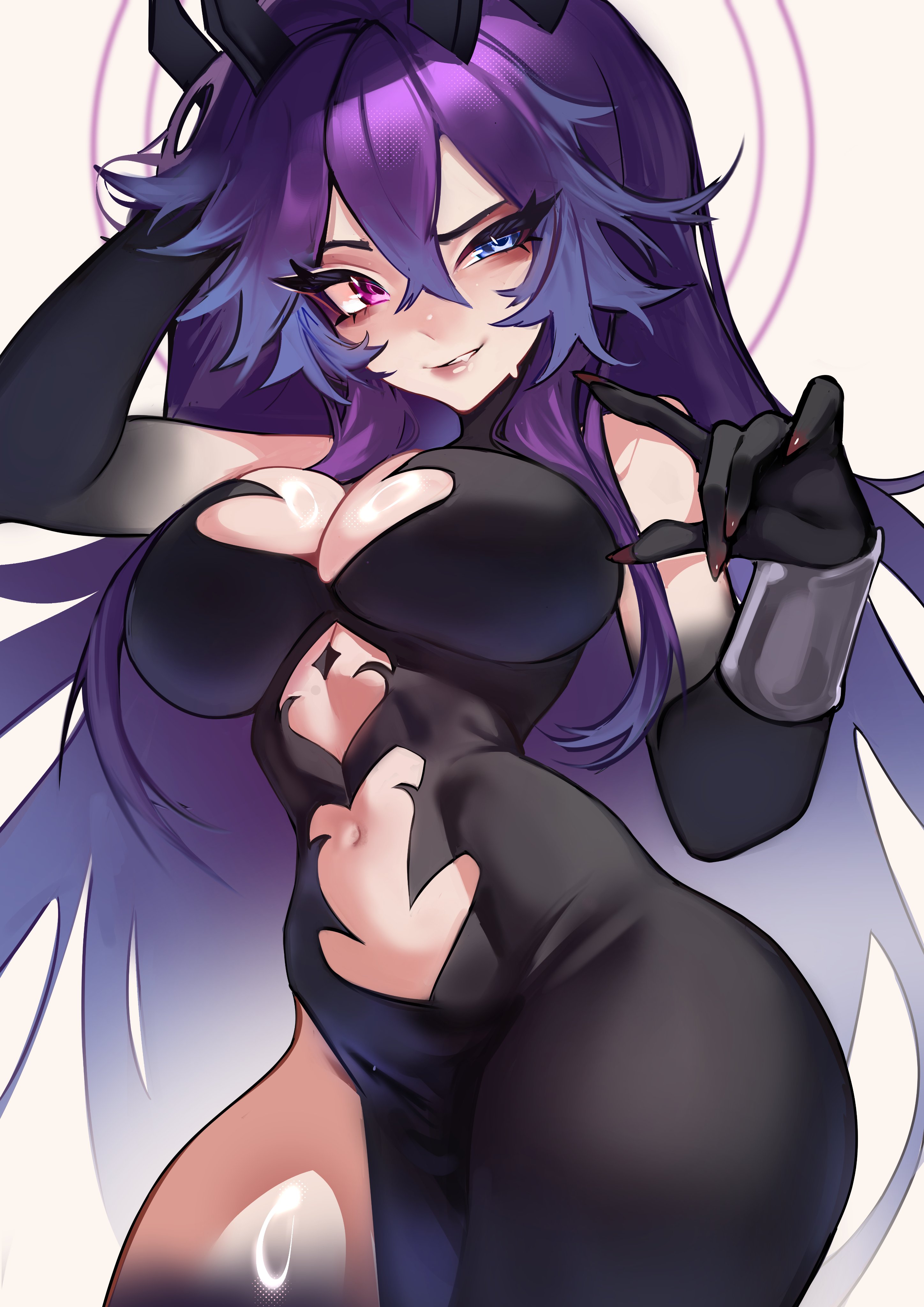 1girls, 2d, 2d (artwork), 2d artwork, big breasts, big chest, blue eye, blue hair tips, cottontail (vtuber), cottontailva, different eye color, exposed belly, exposed breasts, exposed shoulders, fingers, heterochromia, looking at viewer, looking down, posing, posing for the viewer, pretty, purple eye, purple hair, slim female, slim girl, slim waist, solo, solo female, solo focus, suliavtuber, teasing, thick ass, thick thighs, thighs, tummy, virtual youtuber, white background