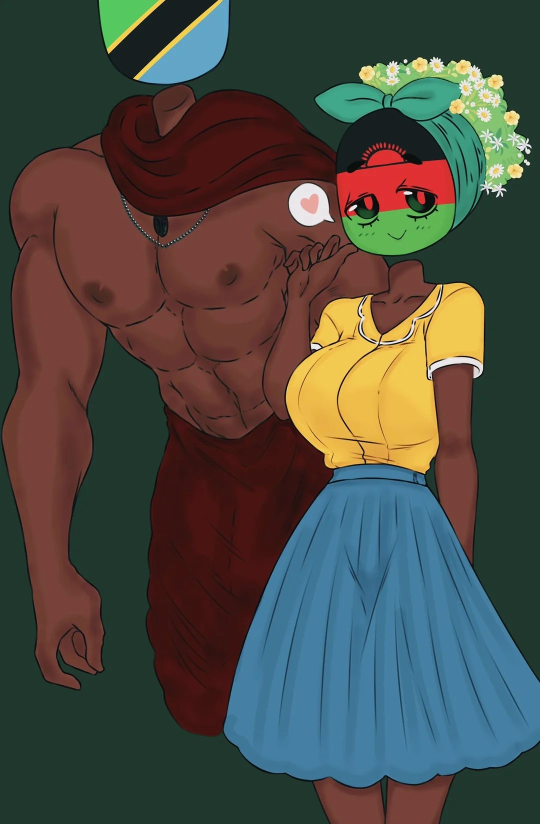 1boy 1girl 1girl1boy 6_pack accessory african african_female alpha_male arm_up big_breasts black black-skinned_male blouse blush blushing_at_viewer blushing_lines bulge bulge_through_clothing bulky clothed coat countryhumans countryhumans_girl cute dark_skinned_female eyebrows_raised flawsy floating_head flowers half_naked half_nude hand_up heart heart_symbol huge_breasts huge_cock intimidating long_skirt malaui_(countryhumans) malawi_(countryhumans) moments_before_disaster muscular_male necklace nipples_exposed ribbon round_eyes scarf skirt smiling submissive_female tall taller_male tanzania_(countryhumans) tiny_waist wide_hips yellow_clothing