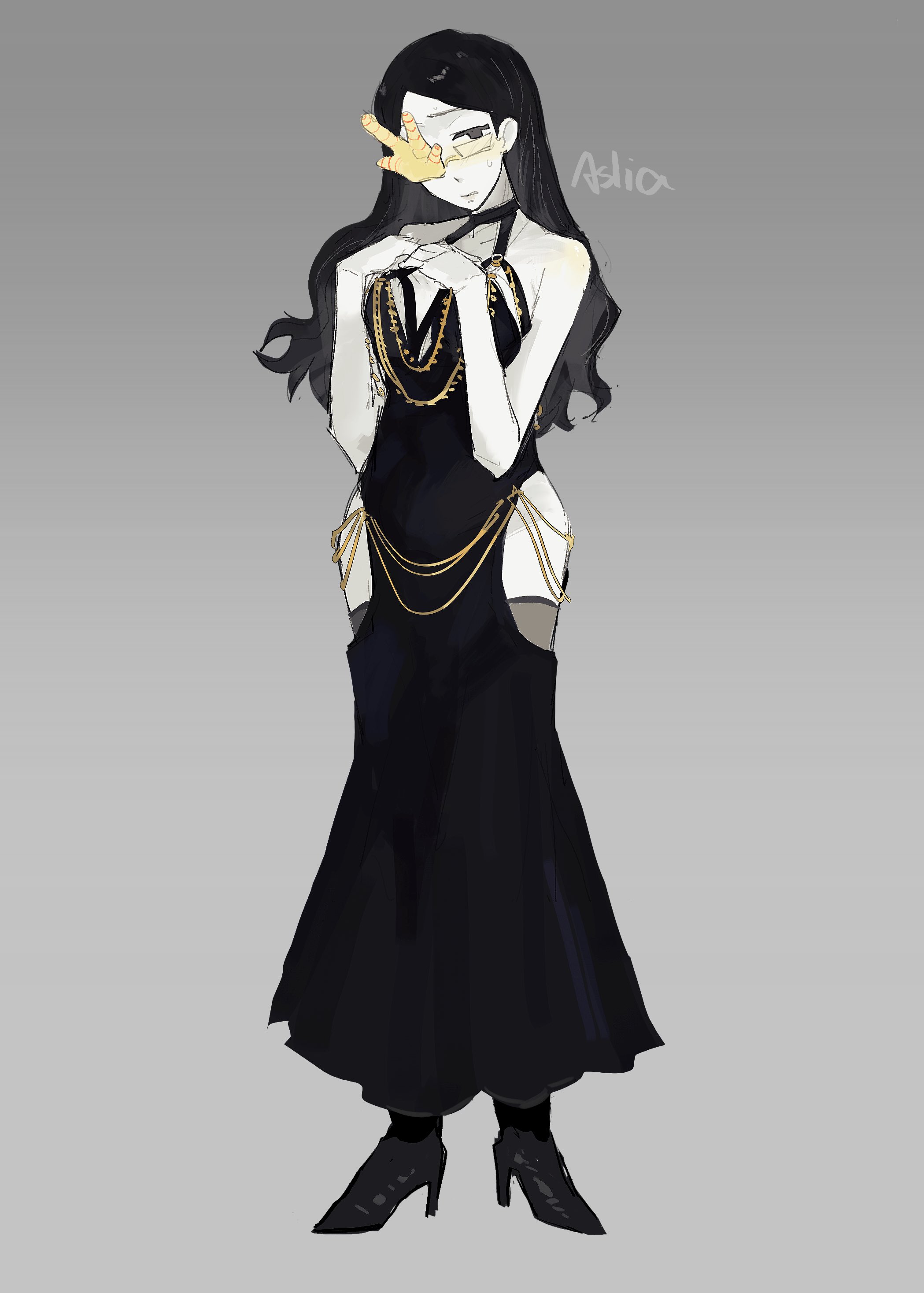1girls, alisatvt, artist request, big breasts, black dress, black hair, breasts, clothed, coral glasses, curvy figure, dream bbq, dress, ena (series), female, female only, glasses, light skin, light-skinned female, modakawa dress, pale skin, pale-skinned female