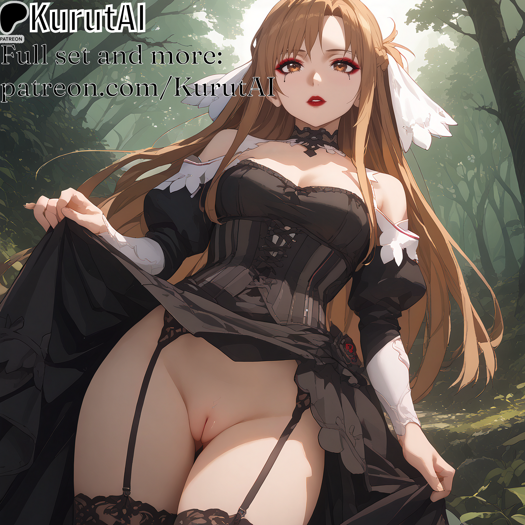 1girls, ai generated, artist name, artist signature, bare shoulders, black dress, breasts, brown eyes, brown hair, clothes lift, cowboy shot, dress, female, garter belt, garter straps, hi res, high resolution, highres, kurutai, long hair, looking at viewer, medium breasts, no panties, outdoors, parted lips, patreon, pussy, skirt, solo, standing, sword art online, thighhighs, uncensored, yuuki asuna