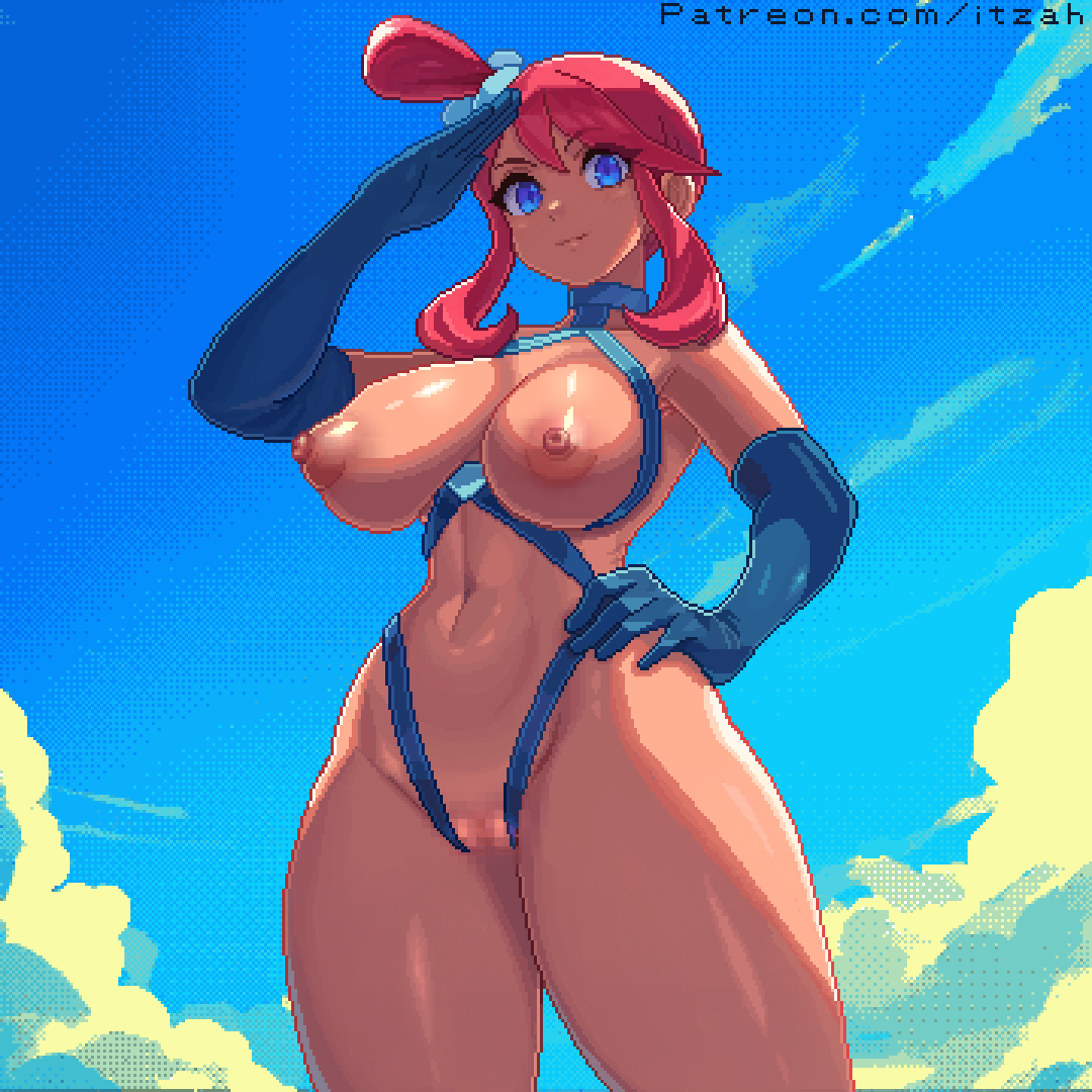 1girls blue_eyes breasts creatures_(company) dark-skinned_female dark_skin female game game_freak gloves hair_ornament itzah navel nintendo nipples pixel_art pokemon pokemon_bw pussy red_hair salute sideboob skyla_(pokemon) solo