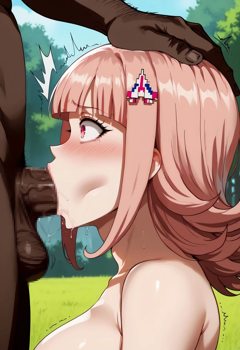 1boy 1girls ai_generated artist_request ass big_ass big_breasts big_penis blowjob breasts danganronpa danganronpa_2:_goodbye_despair dark-skinned_male embarrassed embarrassed_female fellatio hair_ornament naked naked_female nanami_chiaki nude nude_female oral oral_sex outdoor_sex outside outside_sex pink_eyes pink_hair shocked shocked_expression shocked_face short_hair standing tagme thick_thighs thighhighs thighs voluptuous voluptuous_female