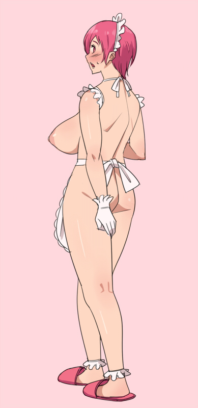 apron ass blush breasts curvy erect_nipples huge_breasts kuruta maid naked_apron pink_eyes pink_hair short_hair sideboob