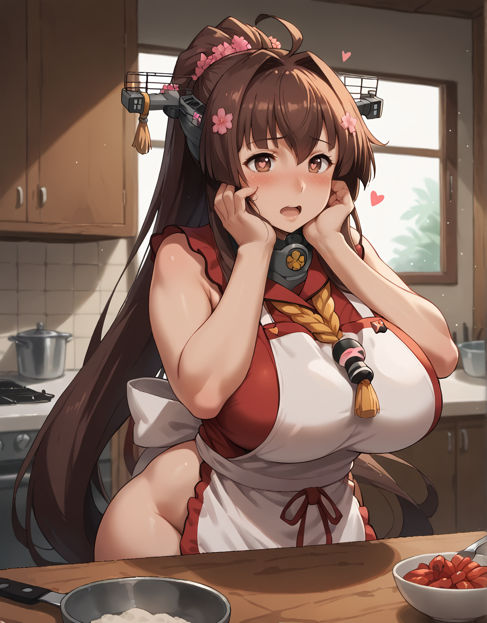 apron cooking cute heart-shaped_pupils kantai_collection kitchen love lovehandles tits yamato_(kantai_collection)