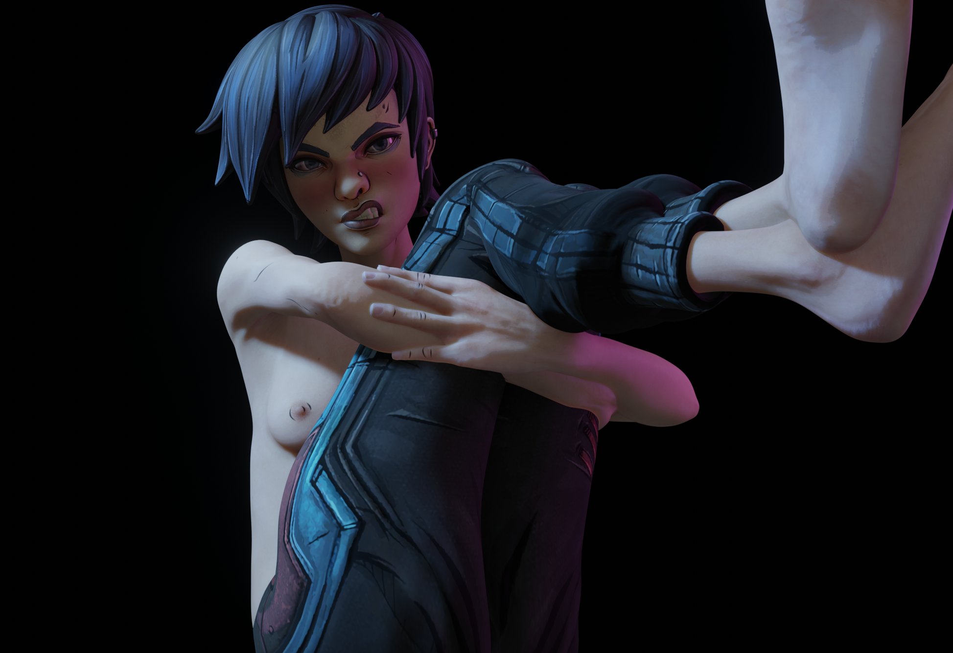 1girls, 3d, angry, annoyed, ava (borderlands), barefoot, blue hair, borderlands, borderlands 3, breasts, feet, female, female only, greemyblend, nipples, small breasts, solo, solo female