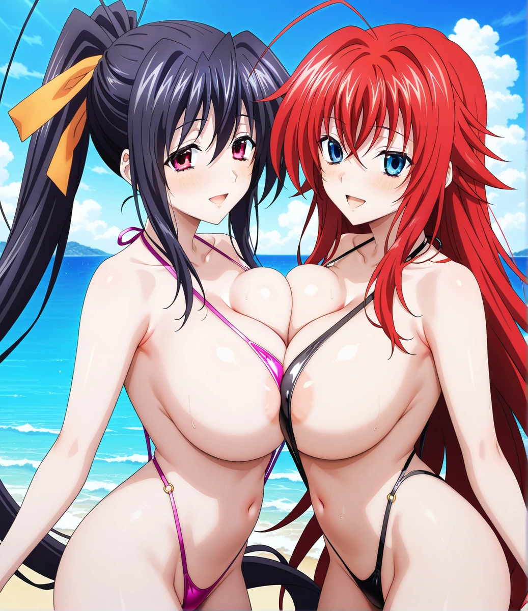 ai_generated akeno_himejima bare_thighs beach black_hair demon_girl gigantic_breasts green_eyes hair_ribbon high_school_dxd huge_breasts huge_thighs light-skinned_female light_skin long_hair looking_at_viewer massive_breasts ponytail purple_eyes red_hair rias_gremory sling_bikini slingshot_swimsuit smiling solo_female squatting subaruarm sweat sweatdrop thick_body thick_female thick_thighs thighs voluptuous voluptuous_female