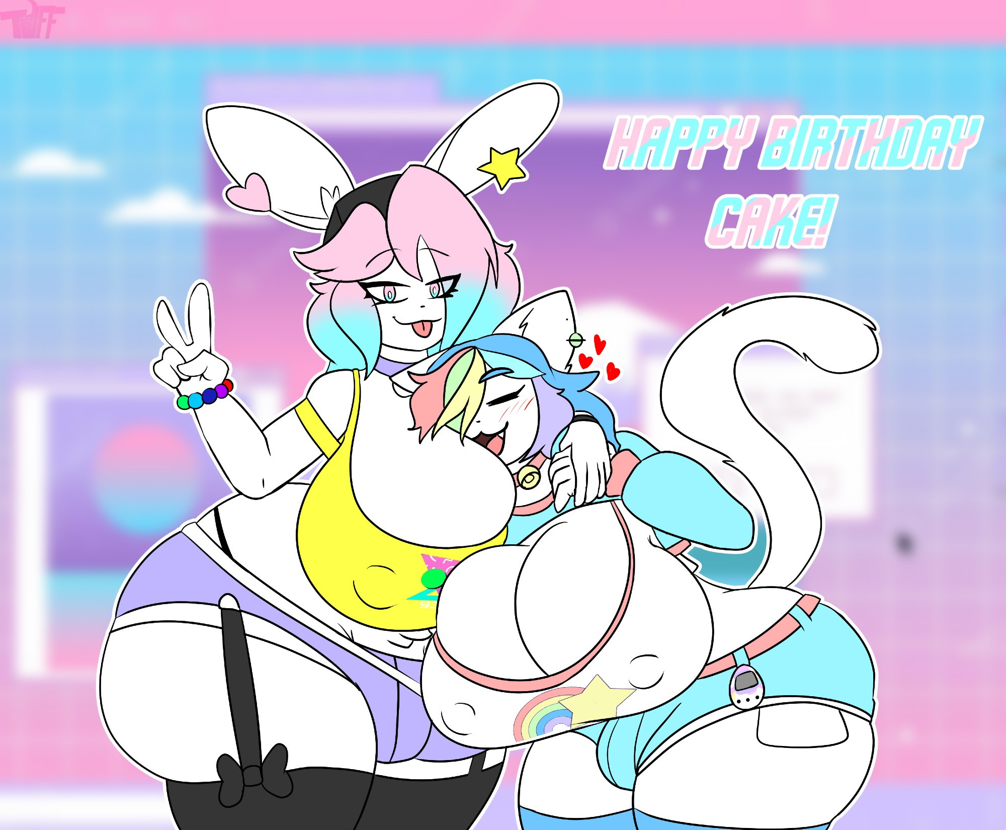 2boys, big breasts, breasts, bulge, busty male, cleavage, finley (theycallhimcake), furry, huge breasts, male, male with breasts, peanut butter (theycallhimcake), thick thighs, tuffthecat, vaporwave, wide hips