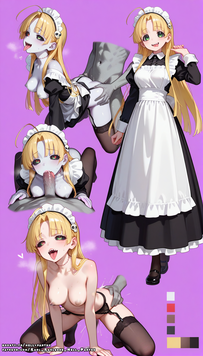 1girls ahoge ai_generated asia_argento blonde_hair blowjob breasts female green_eyes hell-pantsu high_school_dxd long_hair maid maid_uniform nipples penis penis_in_pussy pussy small_breasts solo tongue tongue_out vagina vaginal_penetration white_body white_skin