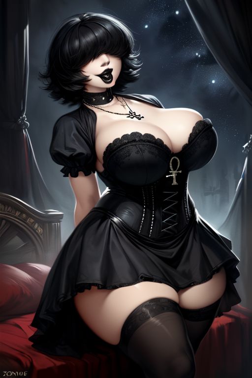 ai_generated ankh bangs bangs_over_eyes black_dress black_hair black_lipstick bustier choker chubby corset dress goth goth_girl hair_over_eyes huge_ass huge_breasts josie_(euclidbeing) massive_breasts massive_thighs original_character short_hair smiling stockings thick_thighs victorian victorian_dress