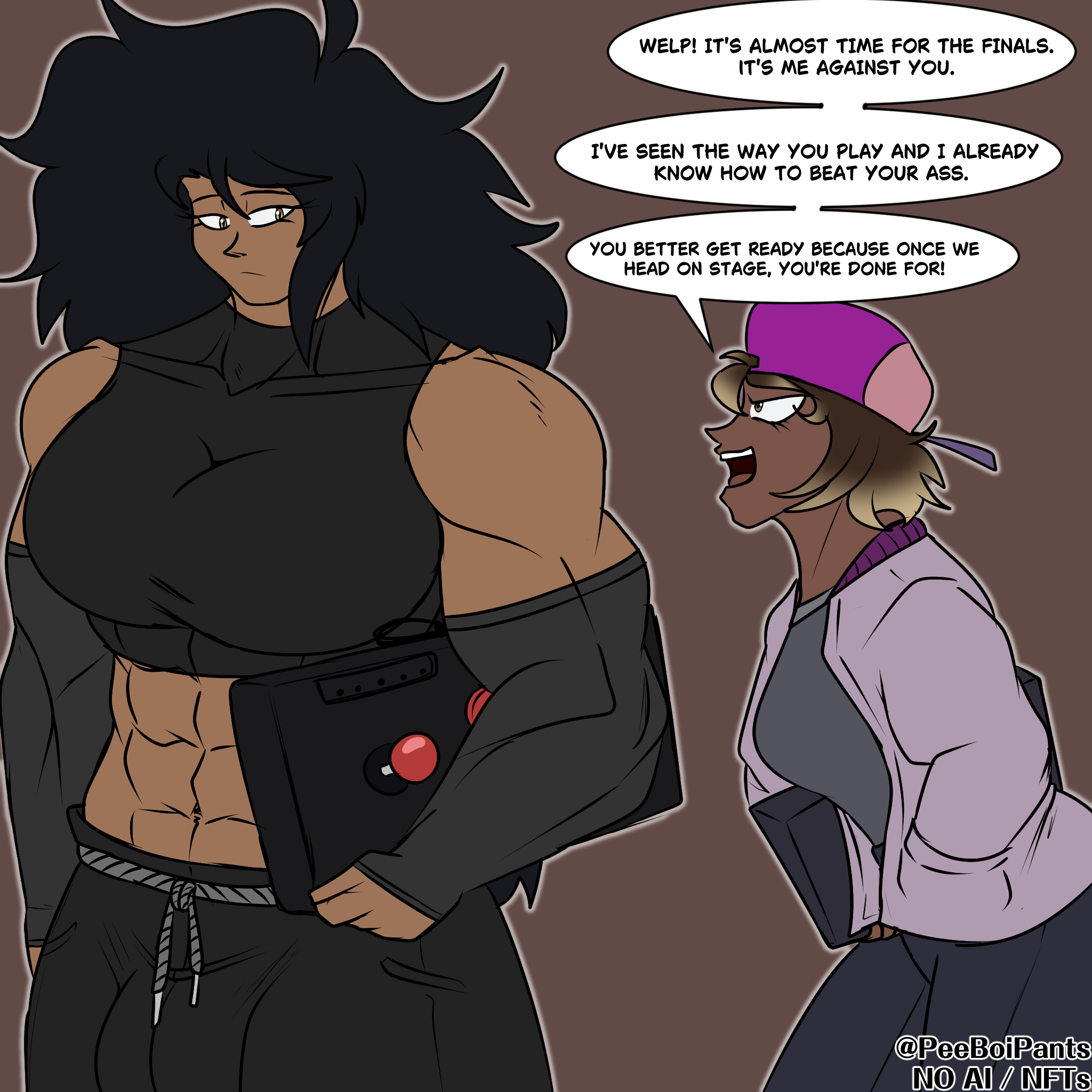 1futa, 1girls, arcade stick, bulge, comic, dark skin, dark-skinned futa, digital art, dominant futa, female, futanari, intersex, monica clark, muscular, muscular futa, oc, original, original character, original characters, snapback, text, thespicyname