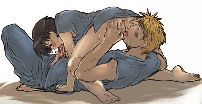 2boys 69 69_position artist_request barefoot blonde_hair blowjob blush bottomless brown_hair clothed_sex cock_gobble cock_hungry erection fellatio fullmetal_alchemist giving_head going_down_on hands_on_ass holding_penis hospital_gown jean_havoc knob_polishing lowres male male/female maria_ross mouth_full_of_cock mouthful multiple_males oral oral_sex pants_down penis penis_in_mouth penis_out scrubs_(garment) simple_background spread_ass spread_legs sucking_off sweat sweatdrops tongue_fucking tongue_out veiny_penis