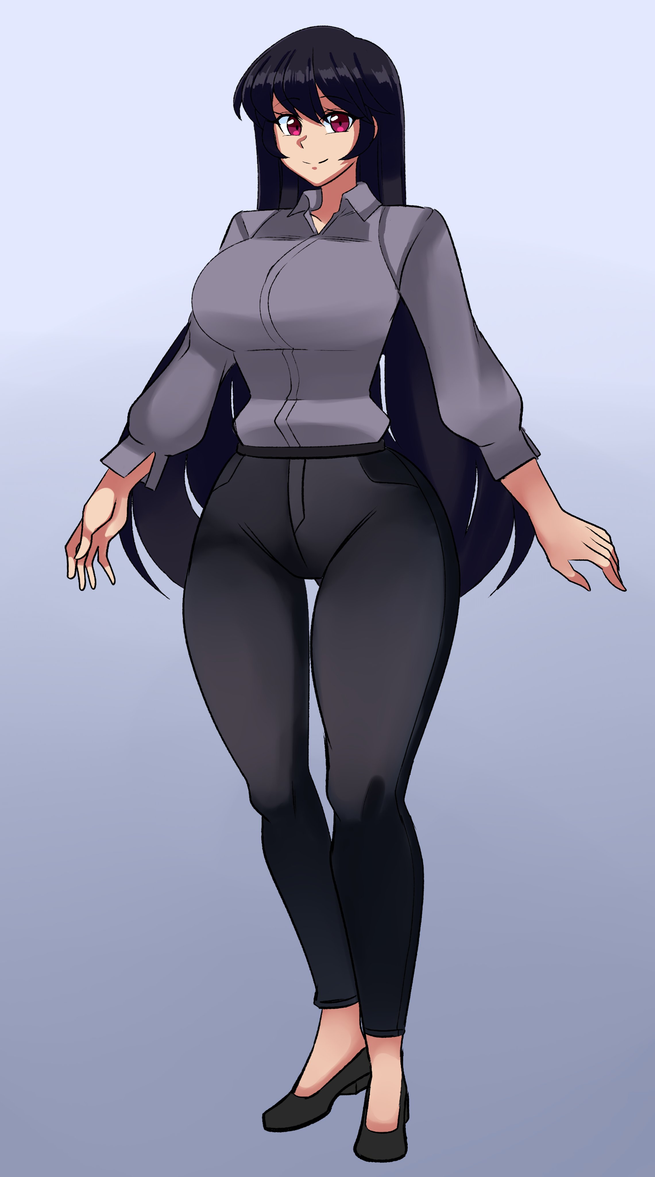 alphaerasure, ass expansion, black hair, body transformation, breast expansion, breast growth, breast growth (enlargement), breasts, expansion, female, figure transformation, fully clothed, growth, growth drive, growth sequence, hourglass figure, huge breasts, imminent expansion, klonia, red eyes, thick thighs, thigh expansion, transformation