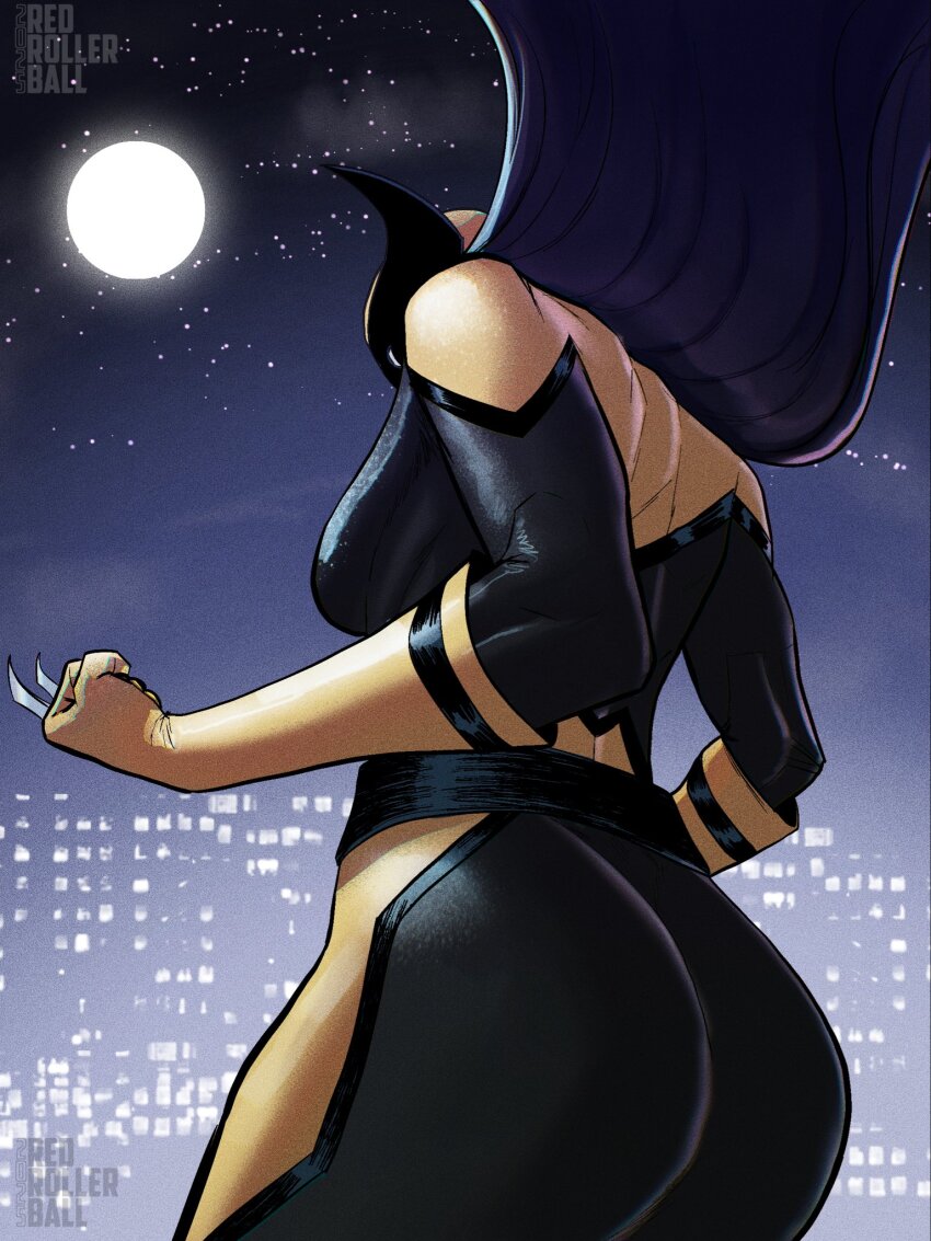 1girls, 2025, 2d, 2d (artwork), animification, artist name, ass, ass focus, big ass, big butt, black hair, bodysuit, booty, booty cheeks, booty focus, butt focus, cityscape, claw (weapon), claws, clothed, clothed ass, clothed female, fat ass, fat butt, female, female only, highres, laura kinney, long hair, marvel, marvel comics, mask, moon, night, phat ass, phat butt, questionable, redrollerball, solo, solo female, superhero costume, superpowers, weapon, wolverine (x-men), x-23, x-men