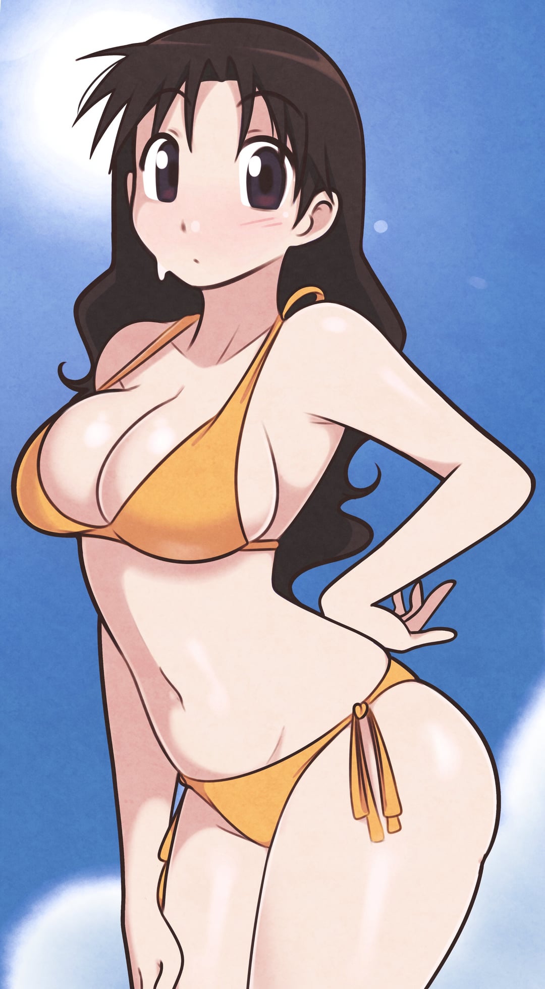 1girl azumanga_daiou big_breasts bikini blush brown_eyes brown_hair closed_eyes cowboy_shot female female_focus female_only highres jeffmiga large_breasts light-skinned_female light_skin looking_at_viewer navel shiny_skin solo solo_female solo_focus standing sweat sweatdrop swimsuit yukari_tanizaki