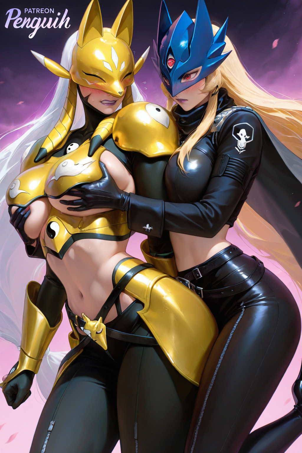 2girls ai_generated armor armored_female beelstarmon blonde_hair blush blushed_face breast_grab digimon digimon_(species) embarrassed female_only fox_mask grabbing_breasts grabbing_from_behind lipstick mask masked patreon_username penguih purple_lipstick red_eyes sakuyamon underboob white_hair yuri yuri