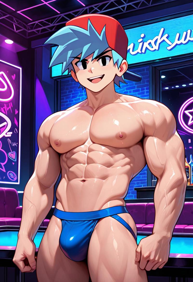 abs ai_generated biceps black_eyes blush boyfriend_(friday_night_funkin) friday_night_funkin gay jockstrap jockstrap_only light_blue_hair looking_at_viewer male male_only muscular muscular_male nightclub nude_male open_mouth red_hat smile toned_body toned_male twall97