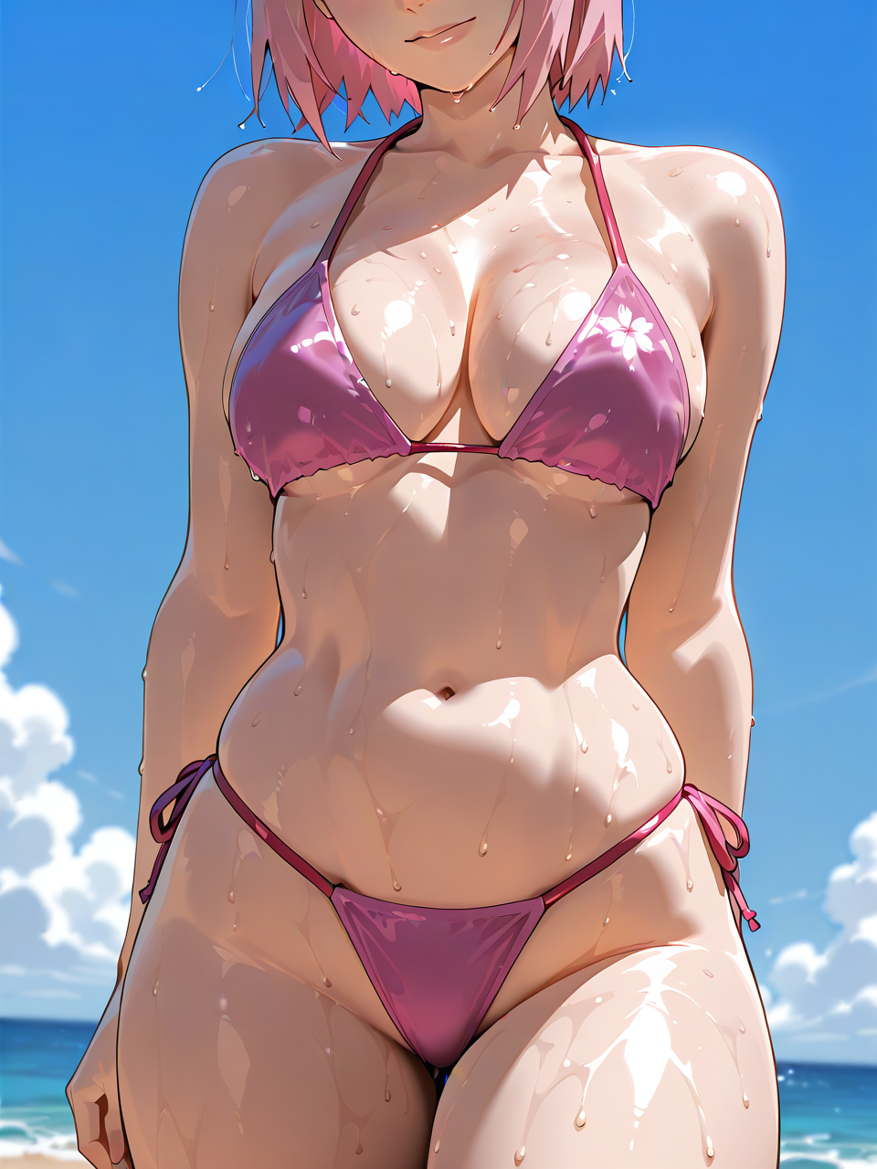 ai ai_generated anime_girl beach bikini breasts chest female heisel_ai naruto pink_hair sakura_haruno wet