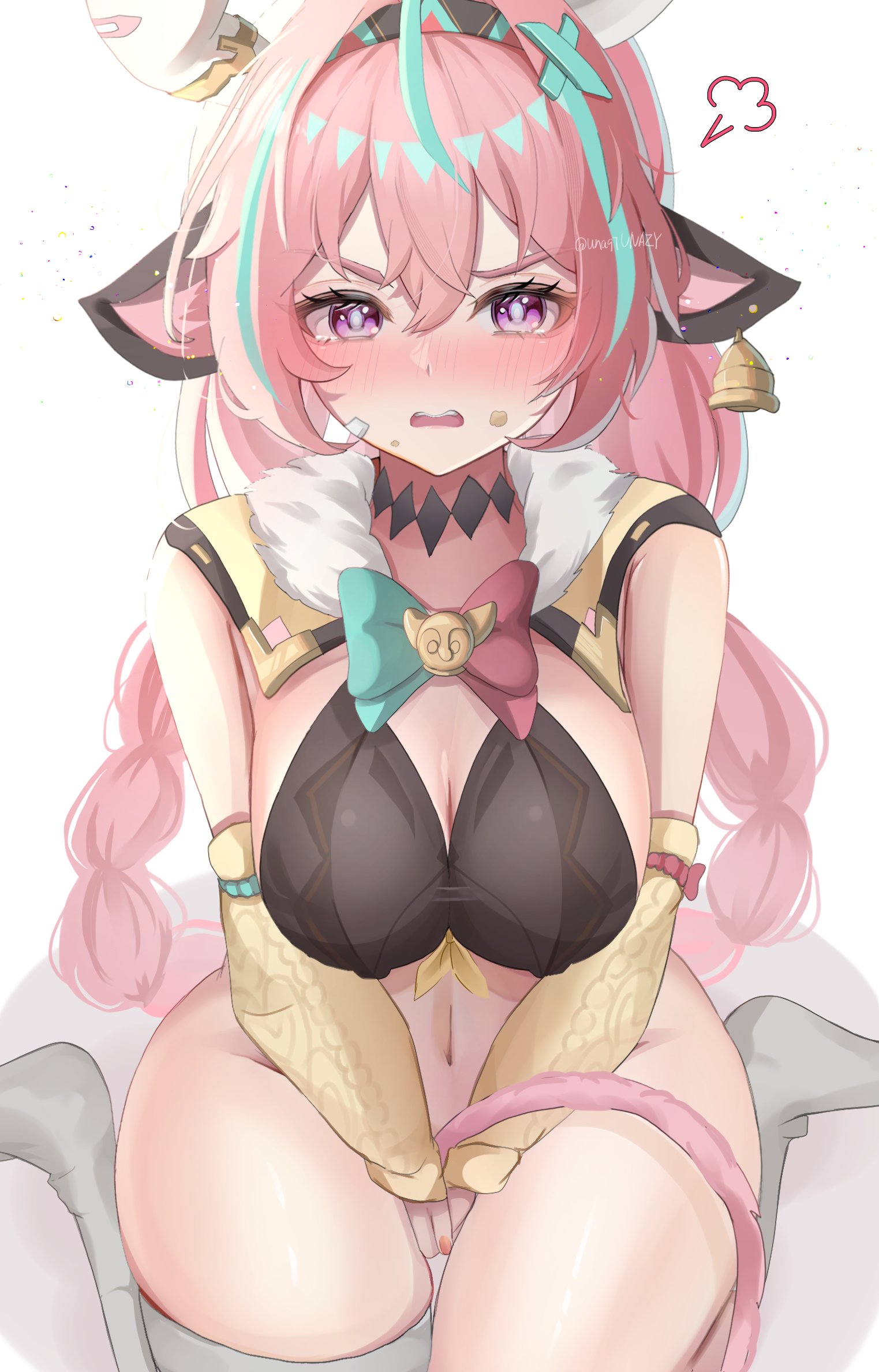 cow girl, female, female only, genshin impact, hiding, horns, thick, thick thighs, varesa (genshin impact)