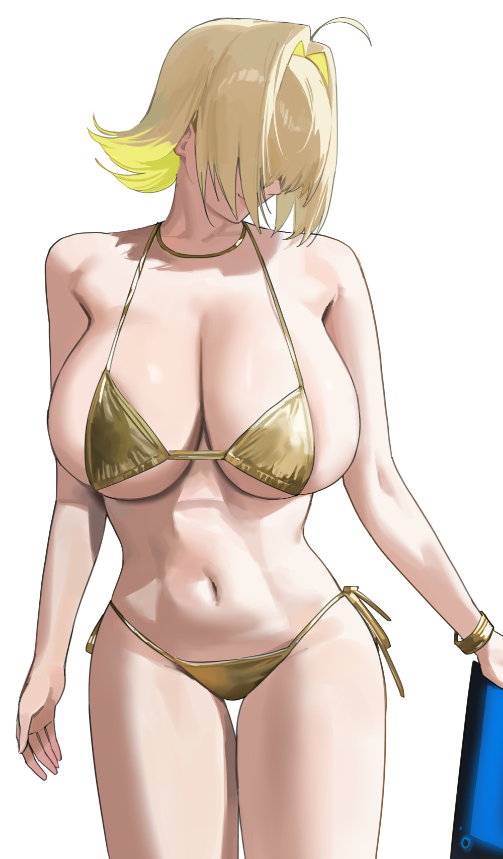 1girls, big breasts, bikini, blonde female, blonde hair, blonde-haired female, breasts, elegg (nikke), female, female focus, female only, goddess of victory: nikke, gold bikini, large boobs, large breasts, light skin, light-skinned female, nhaliz, solo, solo female, solo focus