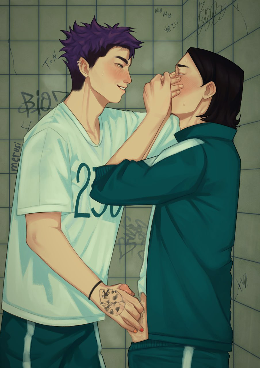 2boys black_hair blush closed_eyes covering_mouth detailed_background dick erection fetish handjob male male/male male_focus male_only nam-gyu namgyu partially_clothed penis pubic_hair purple_hair sex smile squid_game stroking_penis sweat tattoo thangyu thanos_(squid_game)