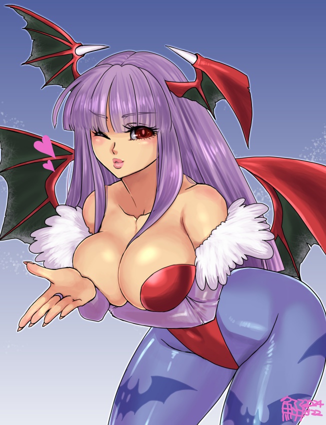 breasts bridal_gauntlets capcom cleavage darkstalkers demon_girl female gloves large_breasts leotard lilith_(darkstalkers) long_hair morrigan_aensland one_eye_closed open_mouth pantyhose pink_hair red_eyes smile solo tagme tokisige wings wink