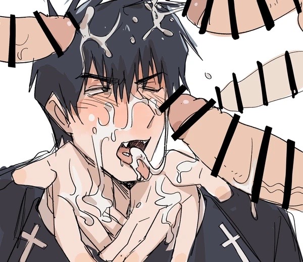 black_hair blowjob blowjob_face cum_in_mouth cum_on_face cum_on_hair cumshot cumshot_into_mouth male_focus multiple_penises nicholas_d_wolfwood priest trigun white_penis