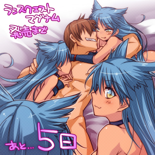 4girls :3 bare_shoulders blue_hair brown_hair choker clone grin licking_lips long_hair lowres multiple_girls nude rance rance_(series) sengoku_rance smile suzume_(rance) teeth translation_request utsugi_(skydream) yellow_eyes