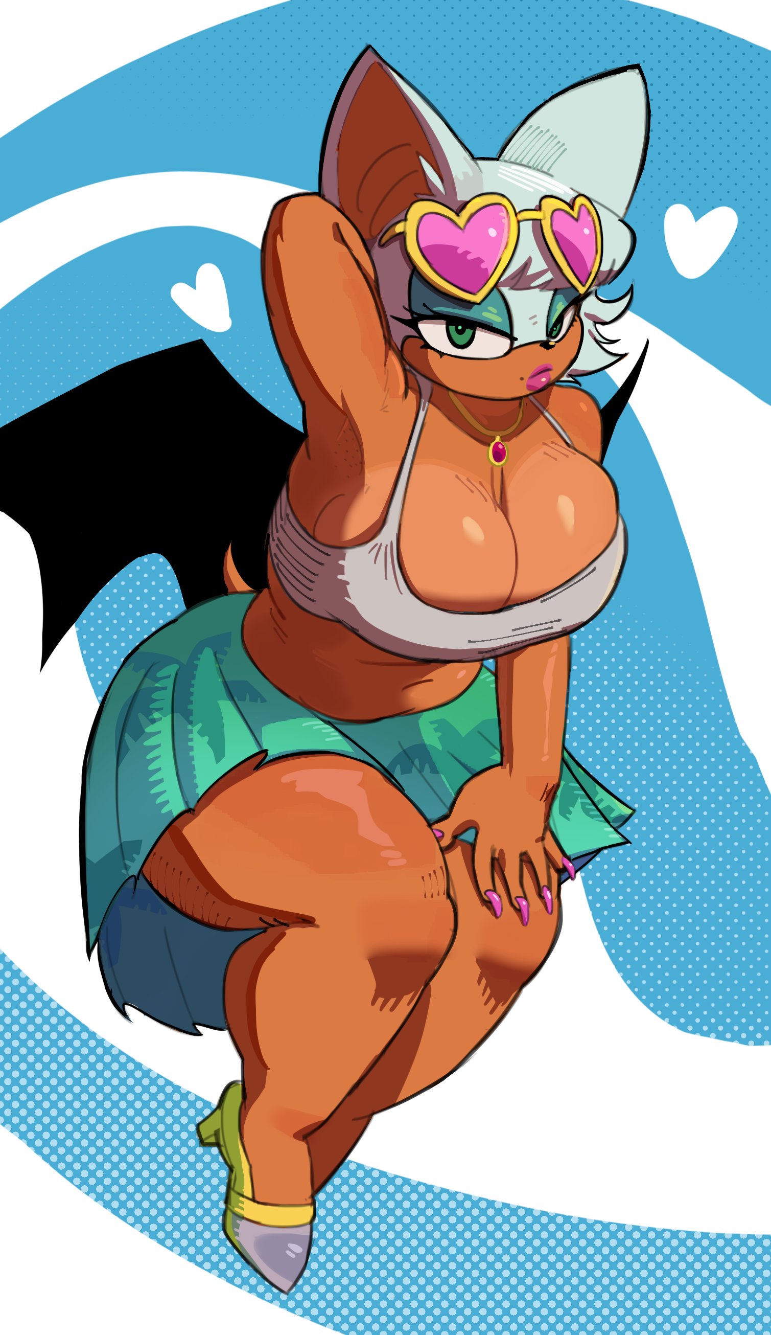 1girls, bad as hell, bat wings, breasts, bursting breasts, cleavage, curvy female, curvy figure, female, green skirt, jerkoff material, kitapult, lipstick, long fingernails, no bra, rouge the bat, sonic (series), sunglasses on head, too thicc, too thick