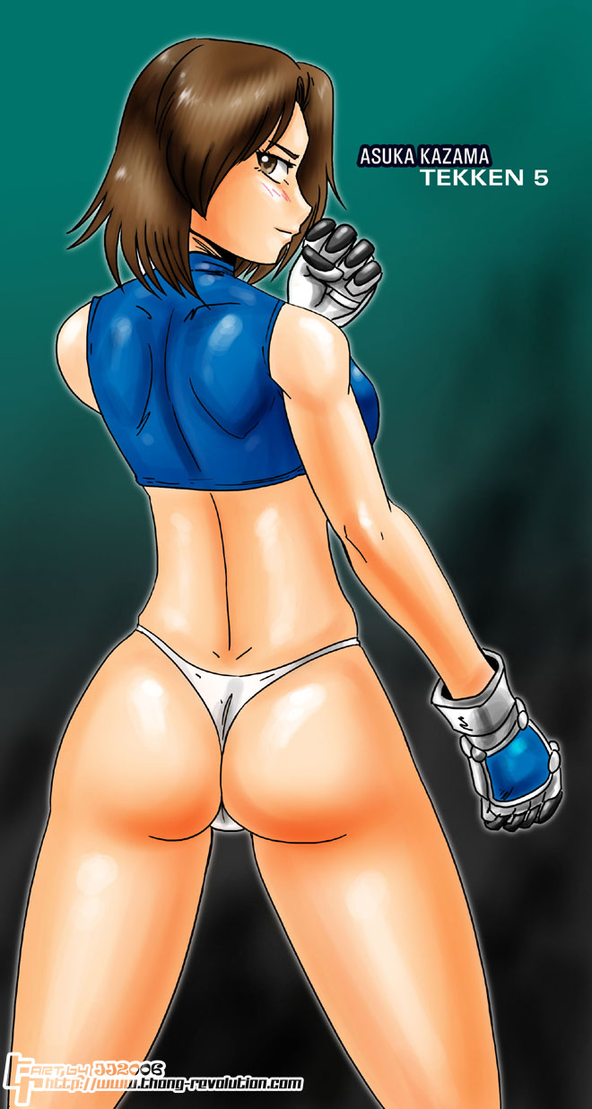 ass back_to_viewer brown_eyes brown_hair dat_ass gloves john_joseco kazama_asuka looking_back midriff namco smile tekken thong