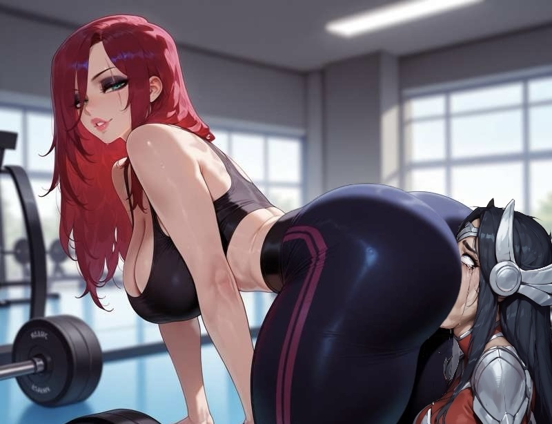 2girls ai_generated ass black_hair facesitting fart farting_in_face irelia_xan katarina_du_couteau league_of_legends red_hair slave