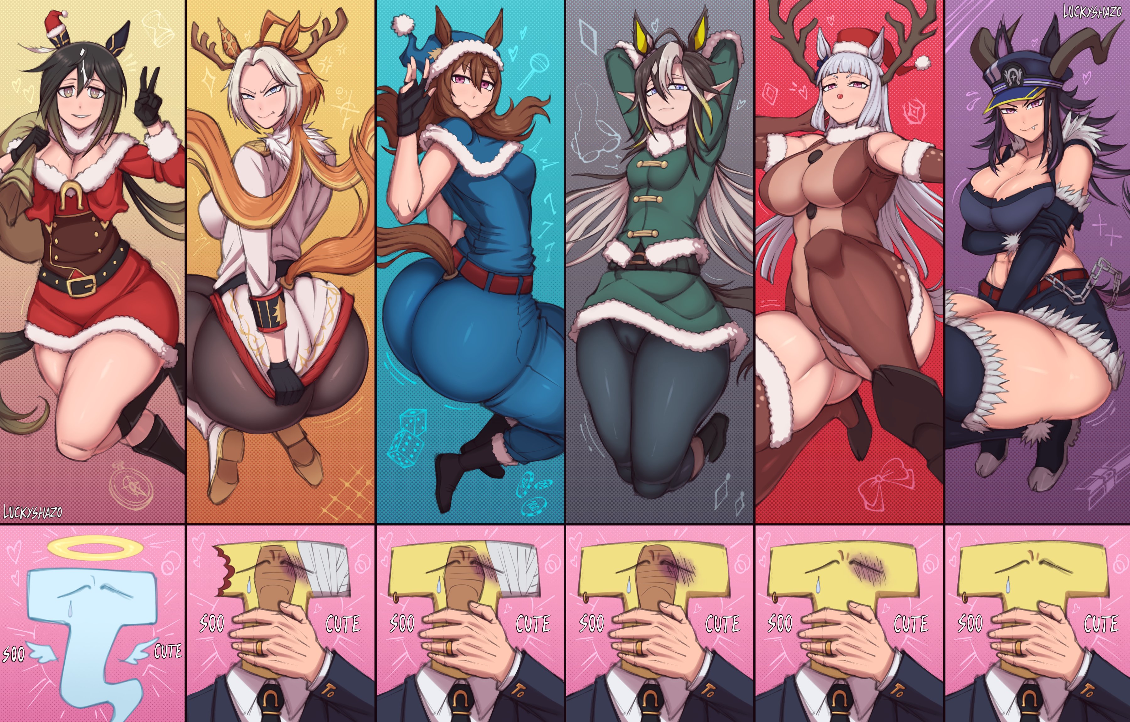 2d, 6girls, angry, angry face, ass, big ass, big breasts, big butt, big thighs, black hair, bottom heavy, breasts, brown hair, busty, christmas, christmas outfit, cleavage, clothed, clothed female, curvaceous, curvaceous female, curvy, curvy female, dream journey (umamusume), fake antlers, fat ass, female, female only, fenomeno (umamusume), gold ship (umamusume), horse ears, horse girl, horse tail, huge ass, huge breasts, huge butt, huge thighs, light skin, light-skinned female, luckyshazo, nakayama festa (umamusume), orfevre (umamusume), posing, reindeer antlers, santa costume, santa hat, stay gold (umamusume), tagme, thick ass, thick butt, thick hips, thick legs, thick thighs, thighs, umamusume, umamusume pretty derby, voluptuous, voluptuous female, white hair, wide hips
