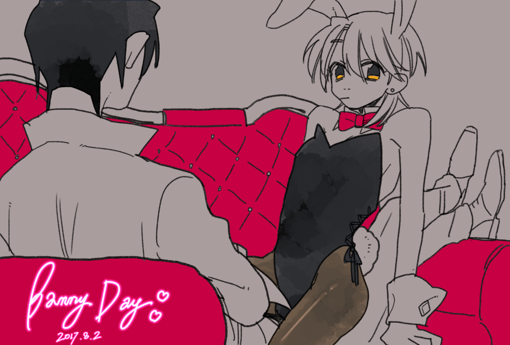 2boys bowtie bunny_boy bunny_ears bunny_tail bunnysuit crossdressing detached_collar femboy gay male male_only male_playboy_bunny mokoda nidaime_(uchouten_kazoku) on_back pantyhose restricted_palette shimogamo_yaichiro sitting_on_person sofa twink uchouten_kazoku yaoi