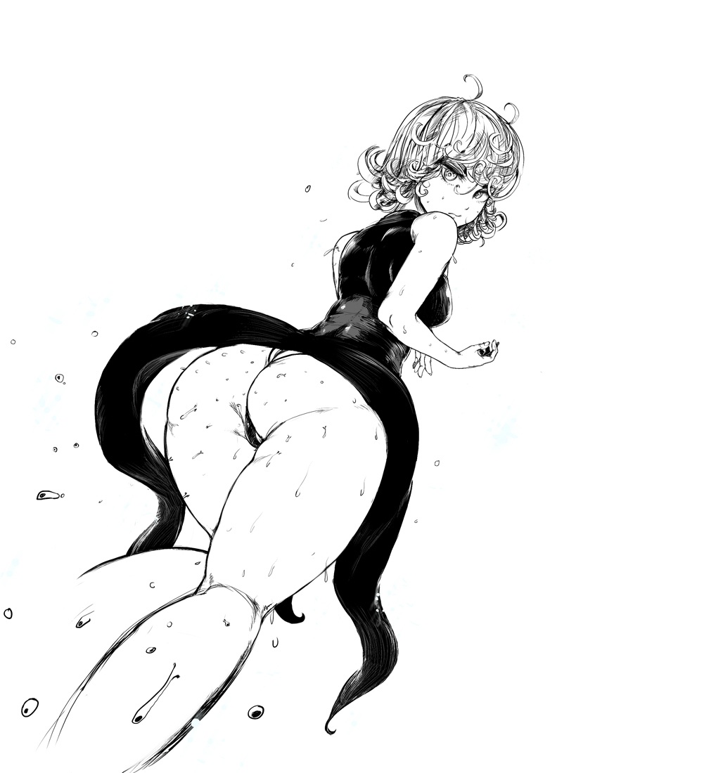 1girls, ass, black thong, female, huge ass, looking at viewer, monochrome, one-punch man, solo, sweat, tatsumaki, thegoldensmurf