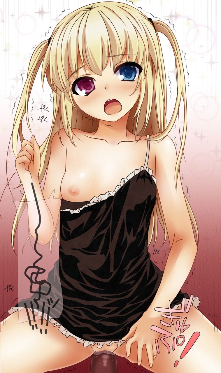 artist_request blonde_hair blue_eyes blush boku_wa_tomodachi_ga_sukunai collarbone cowgirl_position dress female flat_chest hasegawa_kobato heterochromia long_hair nipple_slip no_panties off_shoulder open_mouth penis red_eyes sex straddle tied_hair trembling twintails vaginal_penetration