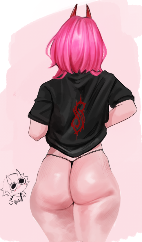 ass black_shirt embarrassed female huge_ass oni pink_hair sewwuu sewwuu_(character) shirt solo thong