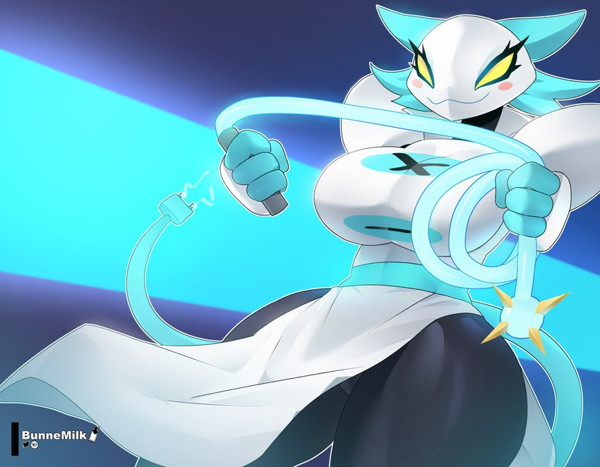 2023 abstract_background artist_name big_breasts breasts bunnemilk cable_tail clothing curvy_figure darkner deltarune dress eyelashes felid female hair hi_res holding_object holding_whip looking_at_viewer machine mammal robot short_hair smile solo text thick_thighs undertale_(series) voluptuous whip white_hair wide_hips yellow_eyes