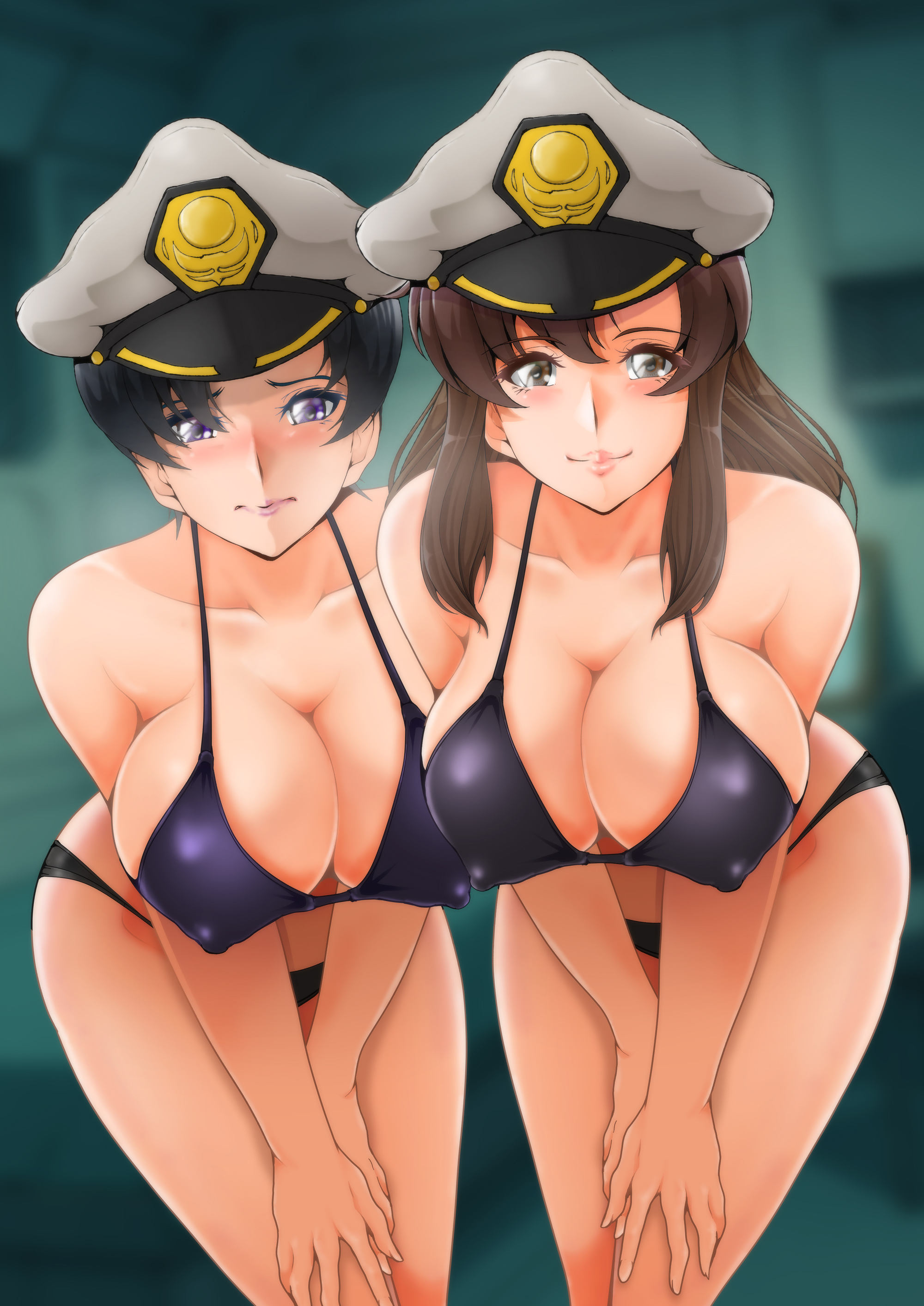 2girls, absurd res, absurdres, alternate version available, arched back, artist request, bare arms, bare legs, bare shoulders, bare thighs, bedroom eyes, bent over, big breasts, black bra, black hair, black panties, black underwear, blush, bra, breasts, brown eyes, brown hair, busty, cleavage, erect nipples, erect nipples under clothes, female, female focus, female only, female/female, gundam, gundam seed, gundam seed destiny, hat, hi res, high resolution, highres, inner sideboob, large breasts, lips, lipstick, long hair, looking at viewer, makeup, mature, mature female, milf, mobile suit gundam, mommy, mommy kink, mommy milkers, murrue ramius, natarle badgiruel, nipple bulge, nipples, panties, perky breasts, pilot hat, pink lips, pink lipstick, purple eyes, purple lips, purple lipstick, seductive, seductive pose, short hair, sideboob, standing, thick thighs, thighs, tomboy, underwear, very high resolution, voluptuous, voluptuous female