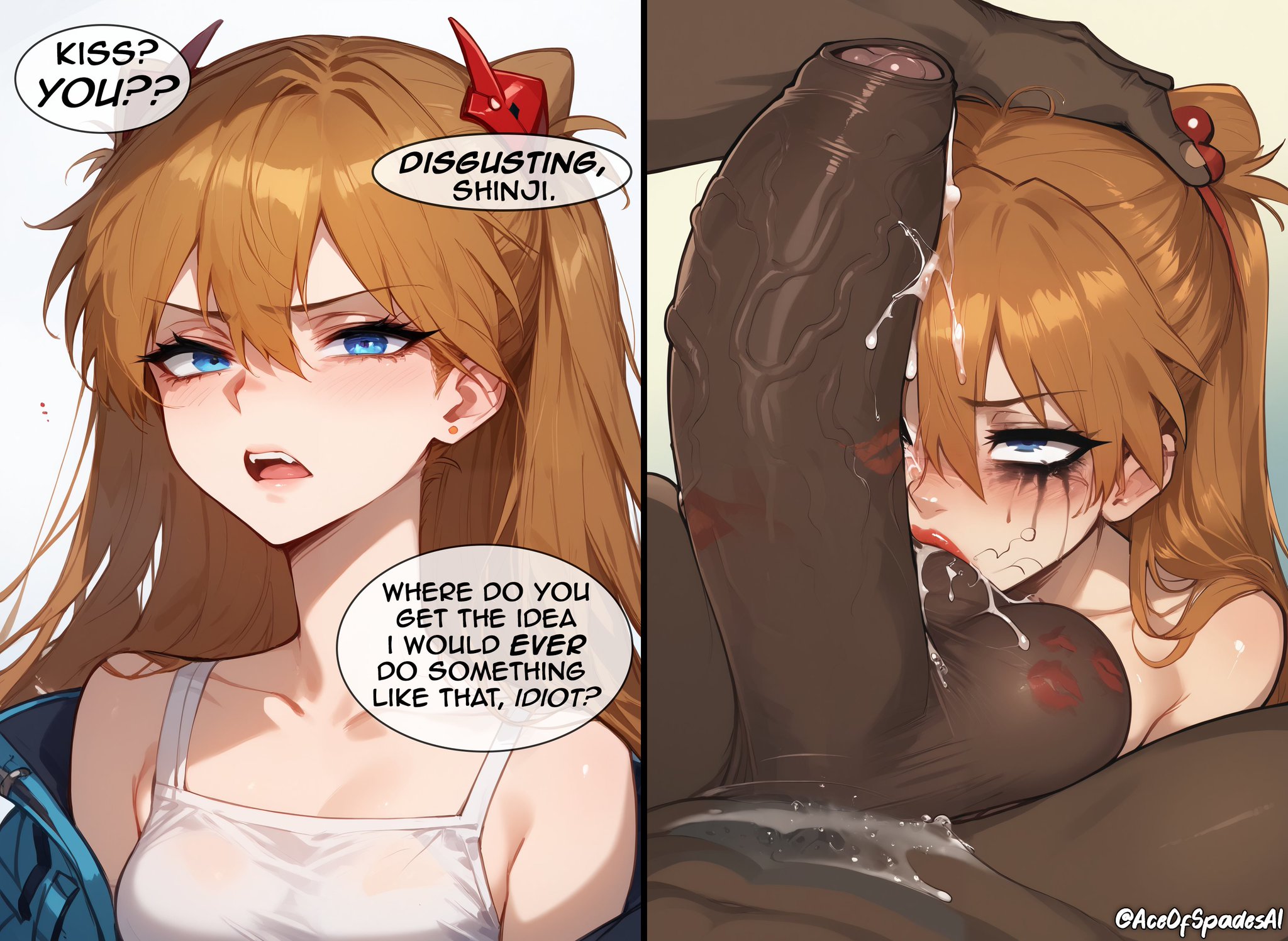 1boy, 1girls, aceofspadesai, ai generated, asuka langley sohryu, big penis, cuckold pov, cum, dark skin, dark-skinned male, english text, fellatio, female, interracial, male, neon genesis evangelion, penis, pov, red hair, text