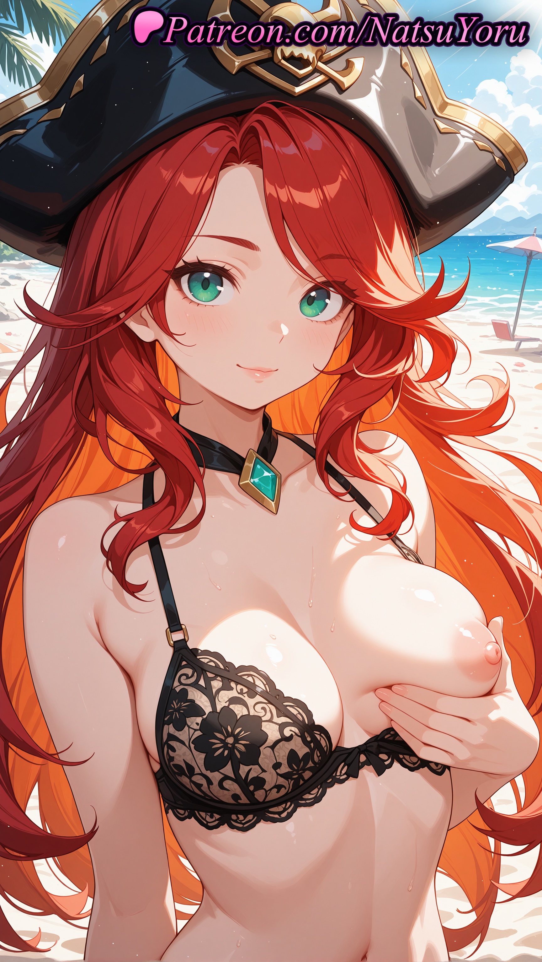 1girls, 2025, ai assisted, ai generated, anime, anime style, bangs, bare shoulders, beach, bikini, black bikini, black bra, black choker, black headwear, blue sky, blush, bra, breasts, bust, busty, choker, closed mouth, cloud, collarbone, colored inner hair, day, female, female focus, female only, gem, grabbing own breast, green eyes, hat, hi res, high quality, high resolution, highres, lace, lace trim, lace-trimmed bra, large breasts, league of legends, league of legends: wild rift, lingerie, lips, long hair, looking at viewer, medium breasts, miss fortune, multicolored hair, natsuyoru, navel, nipples, nipples outside, non-asian, ocean, one breast out, orange hair, outdoors, parted bangs, patreon, pirate hat, red hair, riot games, sky, smile, solo, solo female, stable diffusion, stomach, sweat, swimsuit, two-tone hair, uncensored nipples, underwear, upper body, very long hair, voluptuous, voluptuous female, water