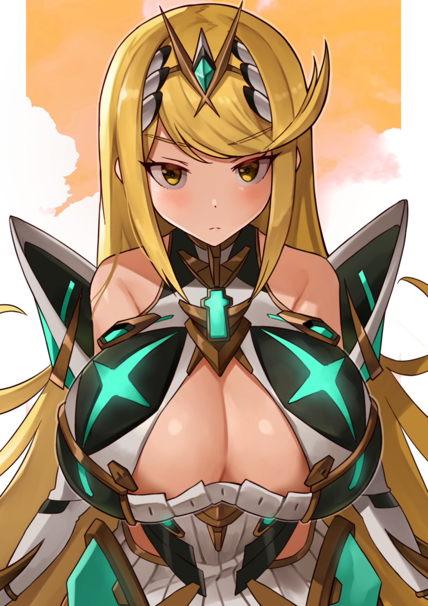 1girls bare_shoulders blonde_hair blush boob_window breasts breasts_bigger_than_head cleavage cleavage_focus eye_contact female jewelry large_breasts long_hair looking_at_viewer massive_breasts mythra nintendo oniisan02b shoulders wavy_hair xenoblade_(series) xenoblade_chronicles_2 yellow_eyes yellow_hair yotsuhauni