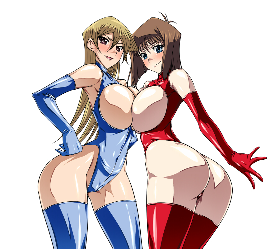 2girls, alexis rhodes, anzu mazaki, ass, asuka tenjoin, bangs, big breasts, blonde hair, blue eyes, blue gloves, blue legwear, blue thighhighs, blush, breast press, breastless clothes, breasts, breasts pressed together, brown eyes, brown hair, clothes, elbow gloves, exposed breasts, female, female only, gloves, hair, hajime shindo, hand on hip, hands on hips, human, large breasts, latex, latex bodysuit, latex clothing, latex gloves, latex legwear, latex stockings, latex suit, latex thighhighs, legwear, leotard, long gloves, long hair, looking at viewer, mazaki anzu, multiple females, open mouth, red gloves, red legwear, red stockings, red thighhighs, shonen jump, short hair, shounen jump, shueisha, smile, smiling, smiling at viewer, symmetrical docking, tea gardner, tenjouin asuka, thighhighs, tongue, weekly shonen jump, weekly shounen jump, white background, yu-gi-oh!, yu-gi-oh! duel monsters, yu-gi-oh! gx, yuu-gi-ou duel monsters