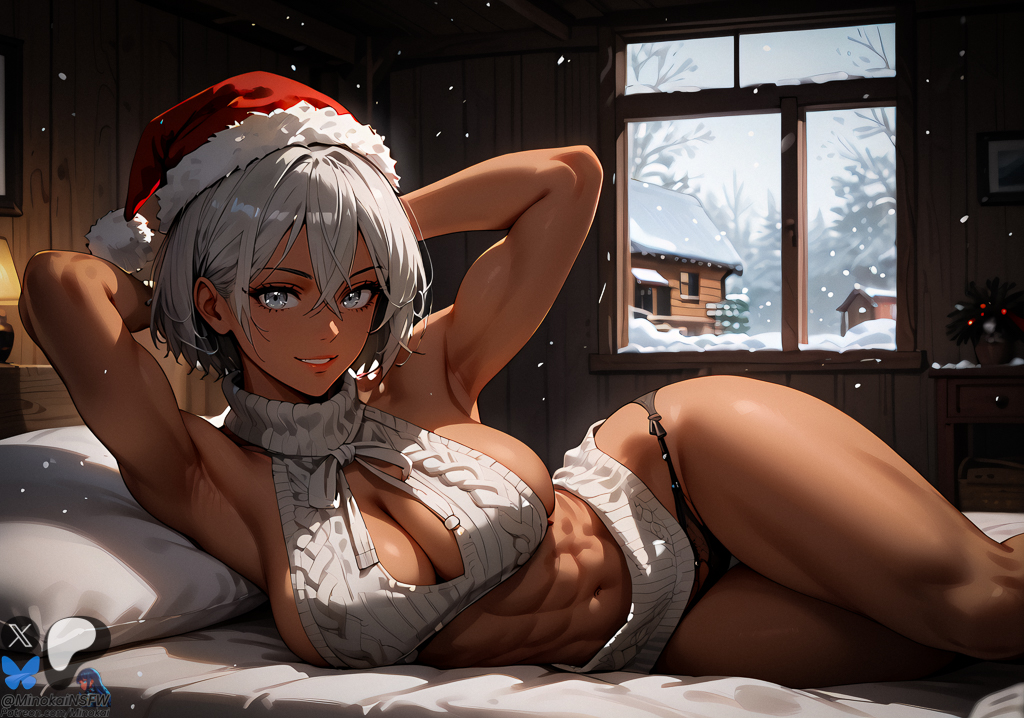 ai_generated arms_behind_head bea_(pokemon) crossed_legs dark-skinned_female large_breasts laying_on_side minokai pokemon santa_hat self_upload silver_eyes silver_hair toned_female virgin_killer_sweater